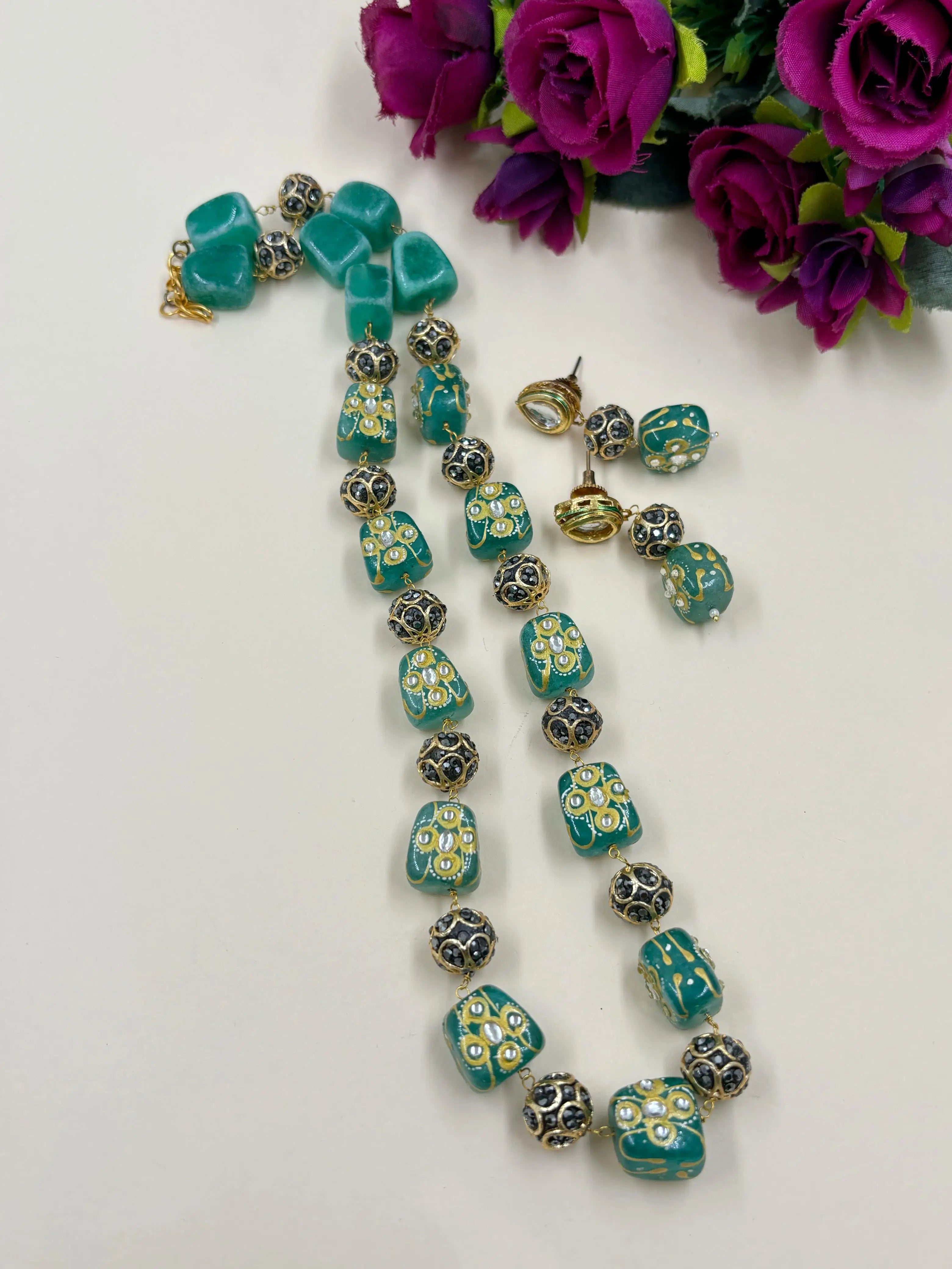 Semi Precious Hand Painted Tanjore light green Beaded Jewellery Set