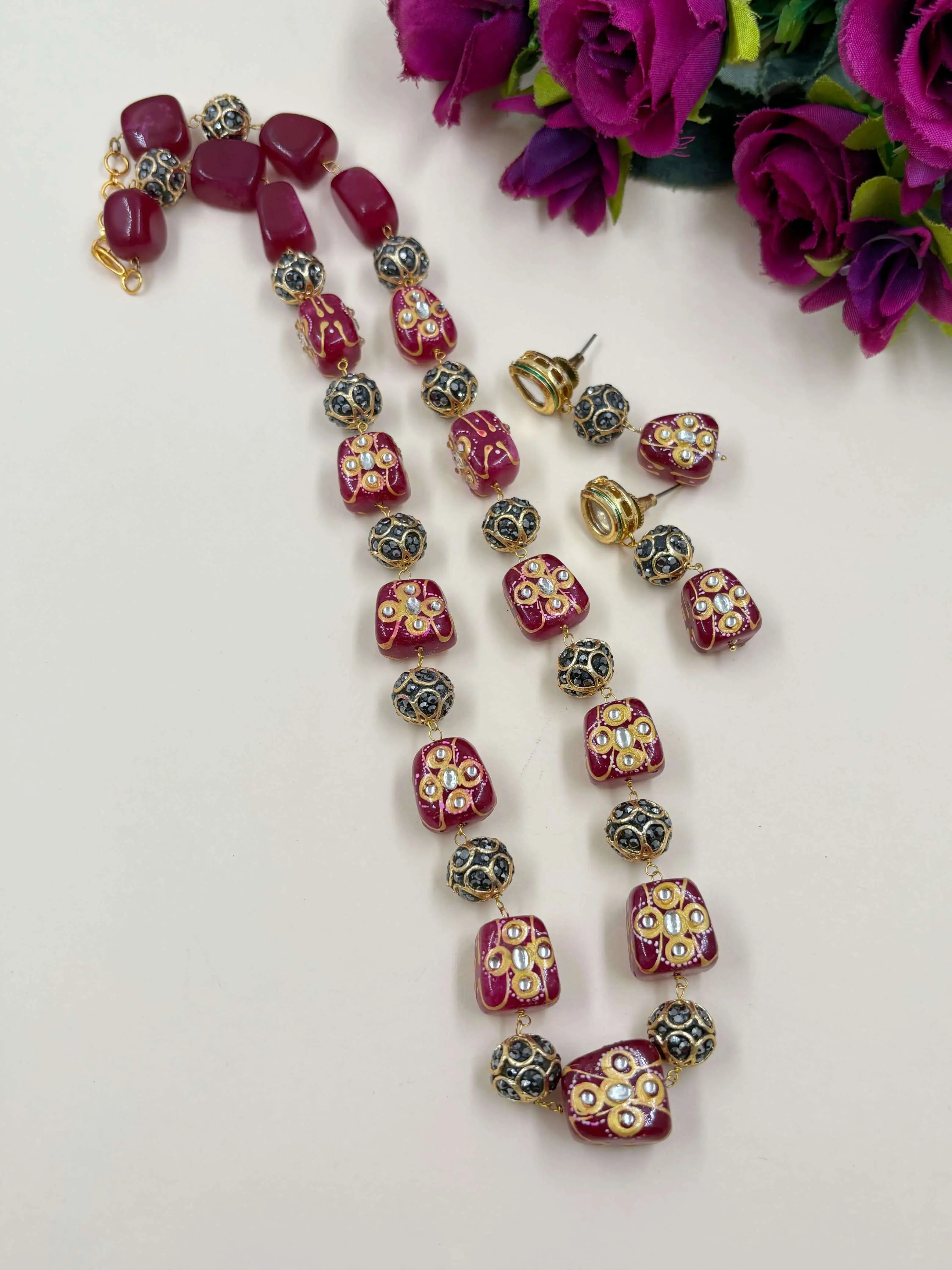 Semi Precious Hand Painted red Tanjore Beaded Jewellery Set