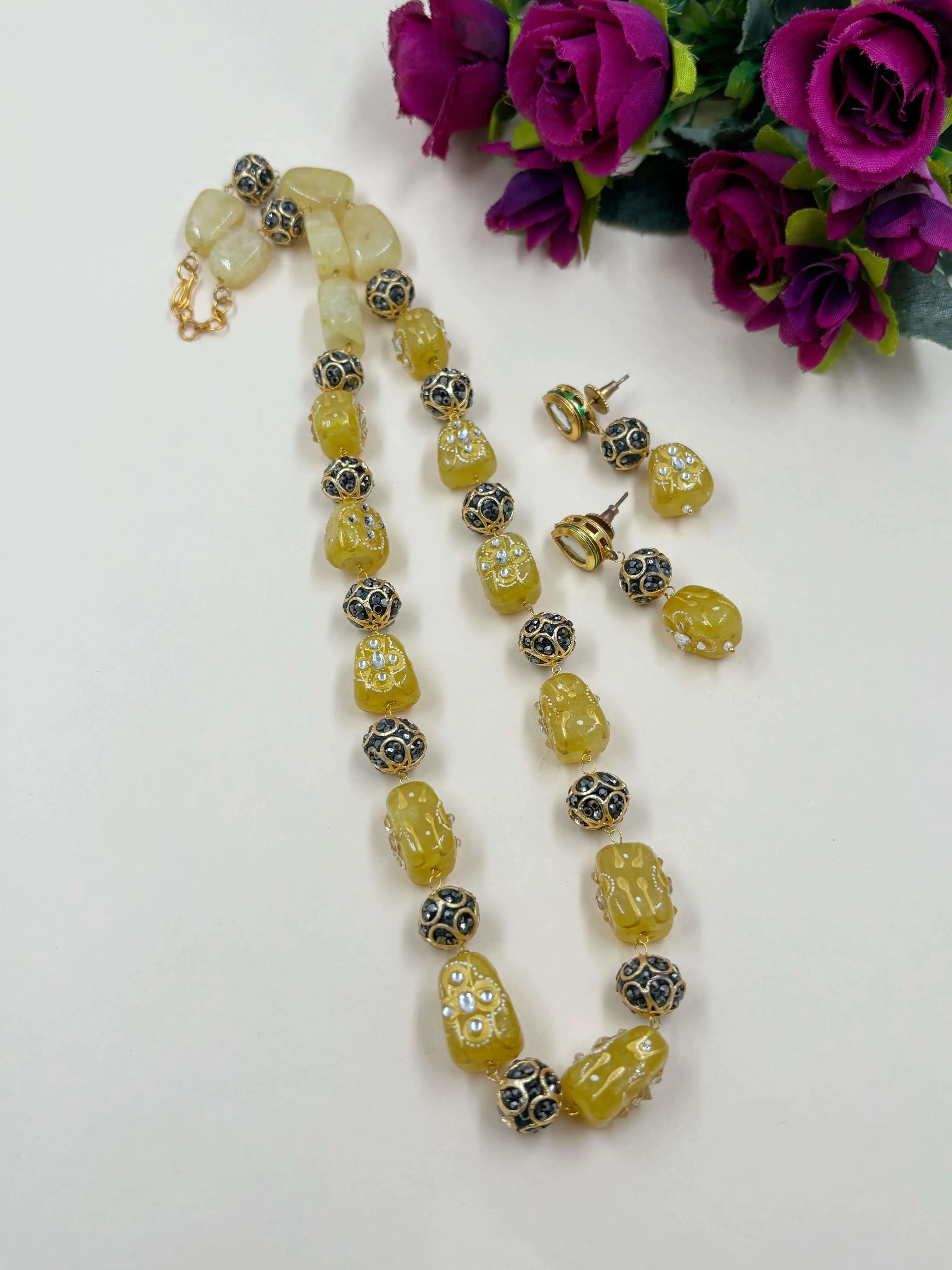 Semi Precious Hand Painted Tanjore yellow Beaded Jewellery Set