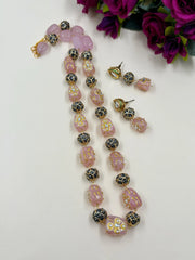 Semi Precious Hand Painted Tanjore  pink Beaded Jewellery Set