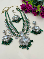 Isha ambani inspired Exquisite Heavy Polki Victorian Jewellery Set for Women in green color