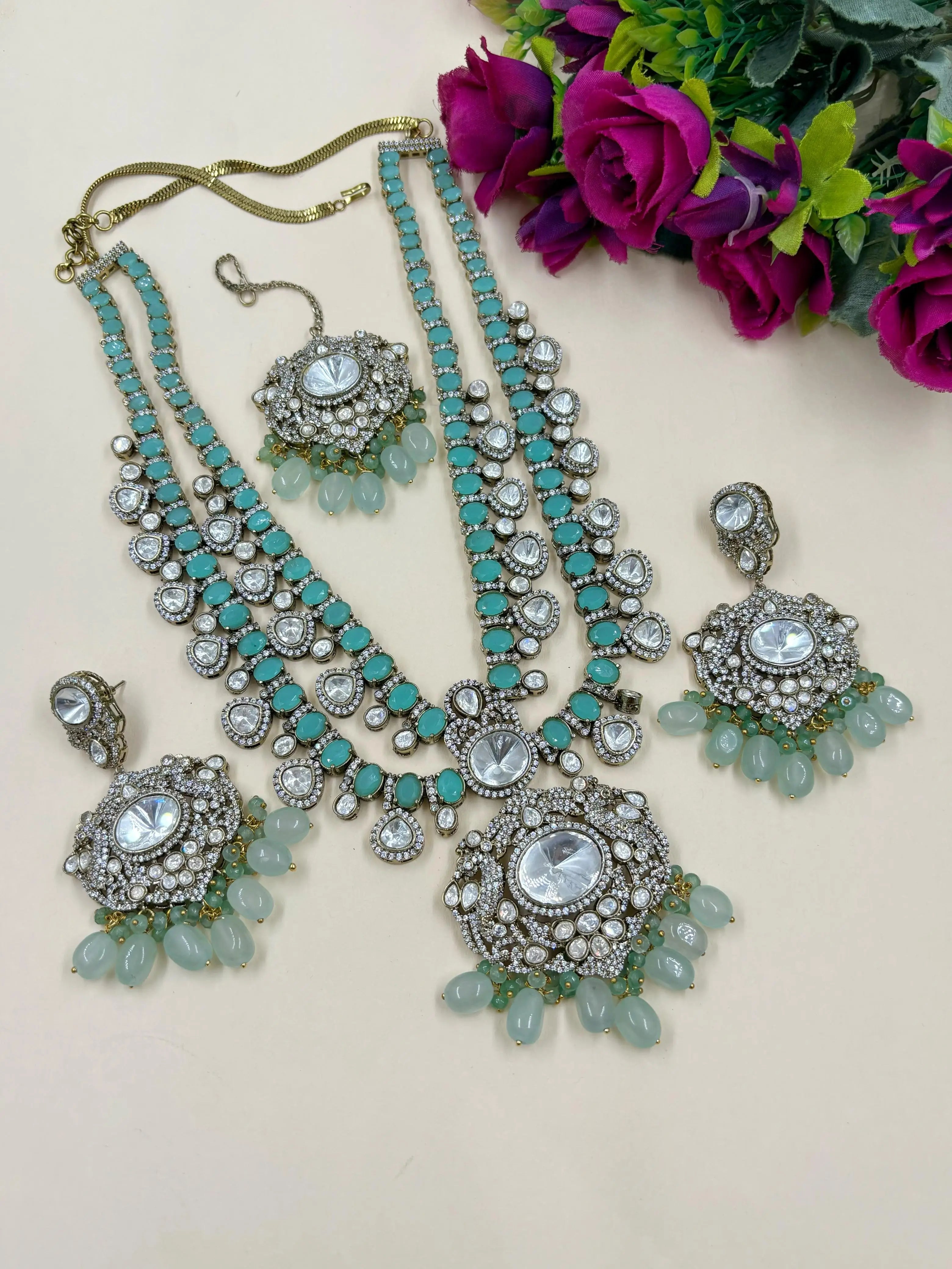 Isha ambani inspired Exquisite Heavy Polki Victorian Jewellery Set for Women in mint green color 