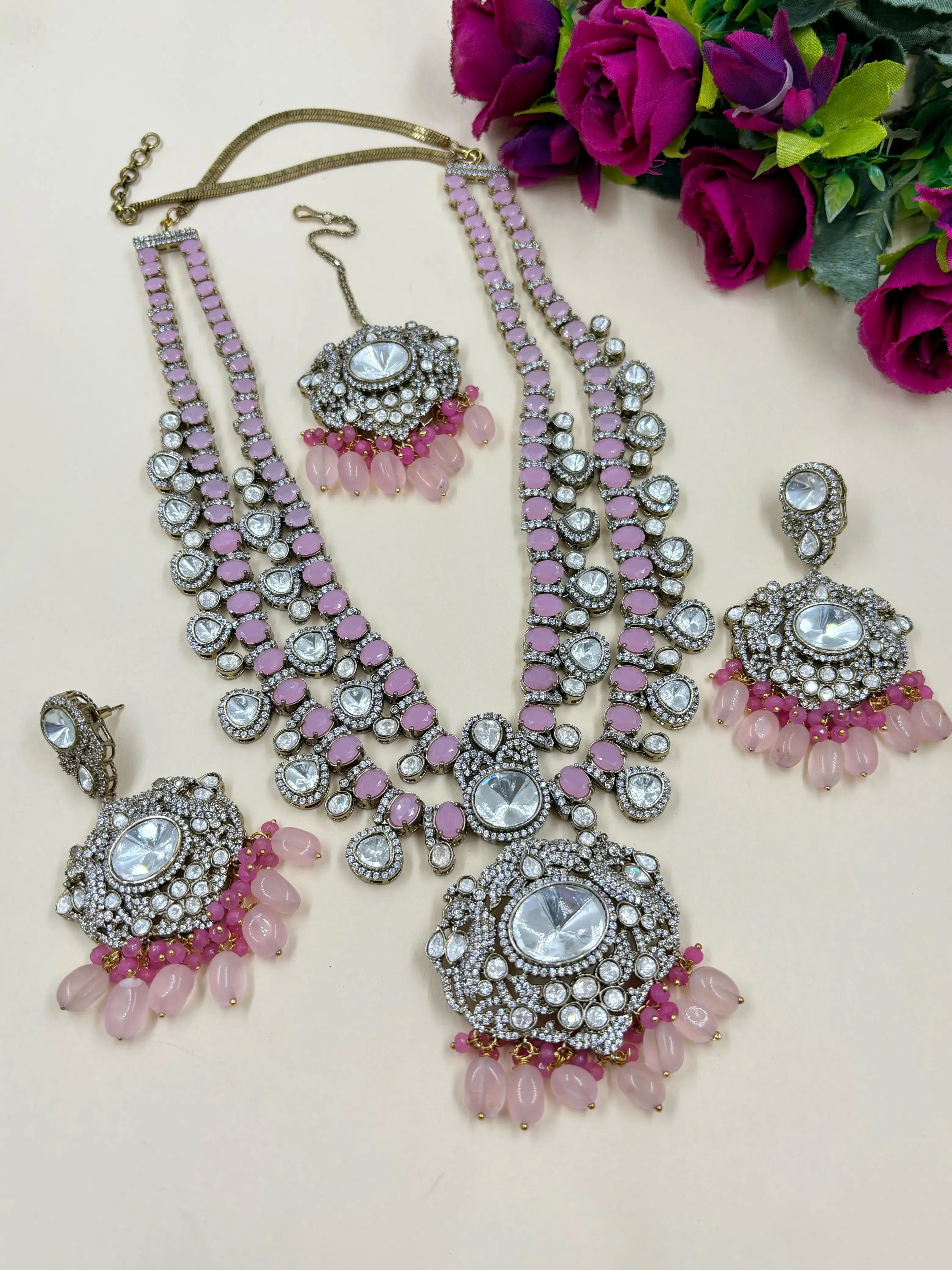 Isha ambani inspired Exquisite Heavy Polki Victorian Jewellery Set for Women in pink color