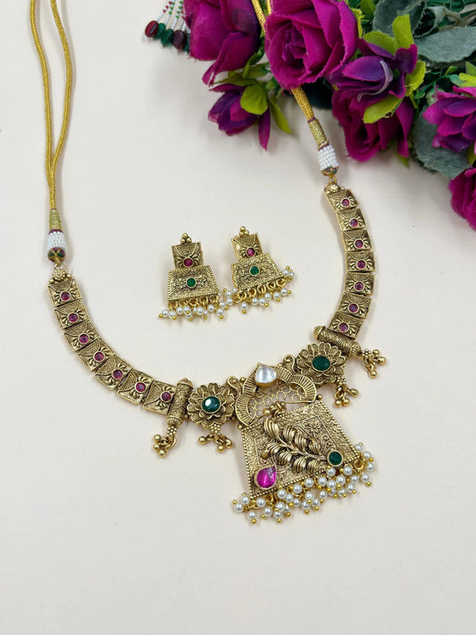 Artificial Gold Plated Short Antique Gold Necklace Set