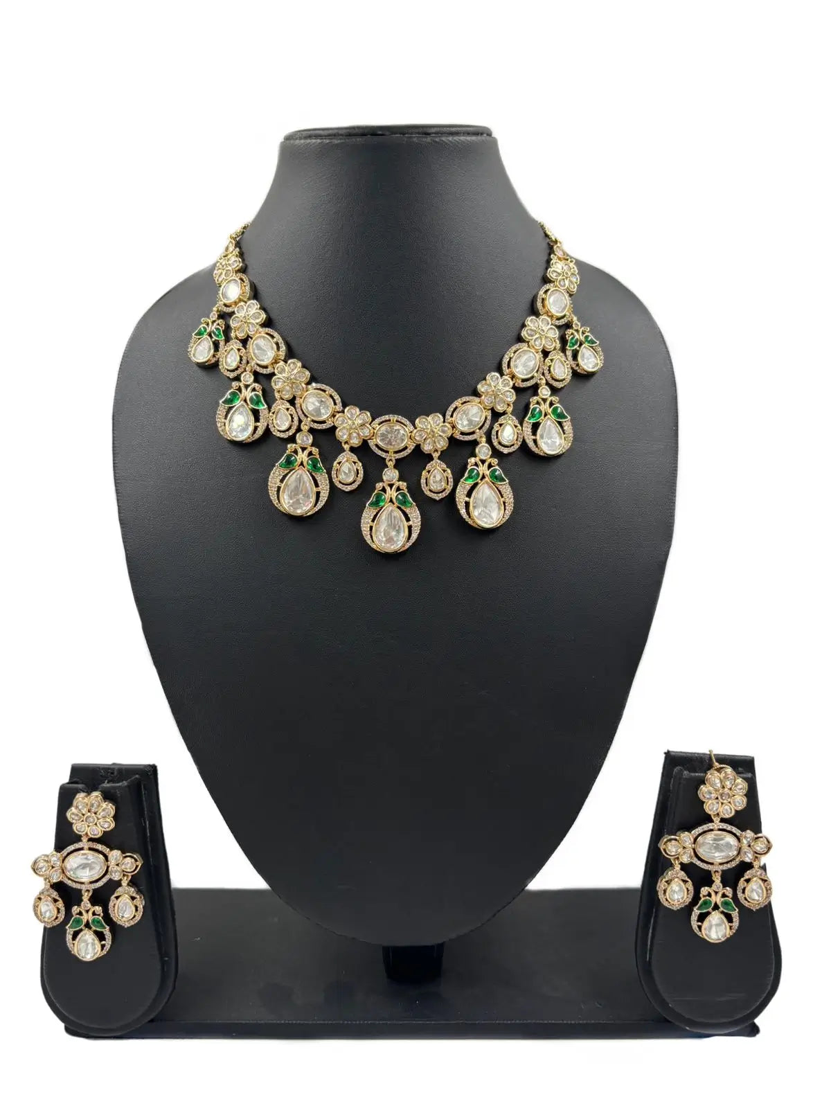 Artificial Wedding Polki Jewellery Necklace For Women in green color 