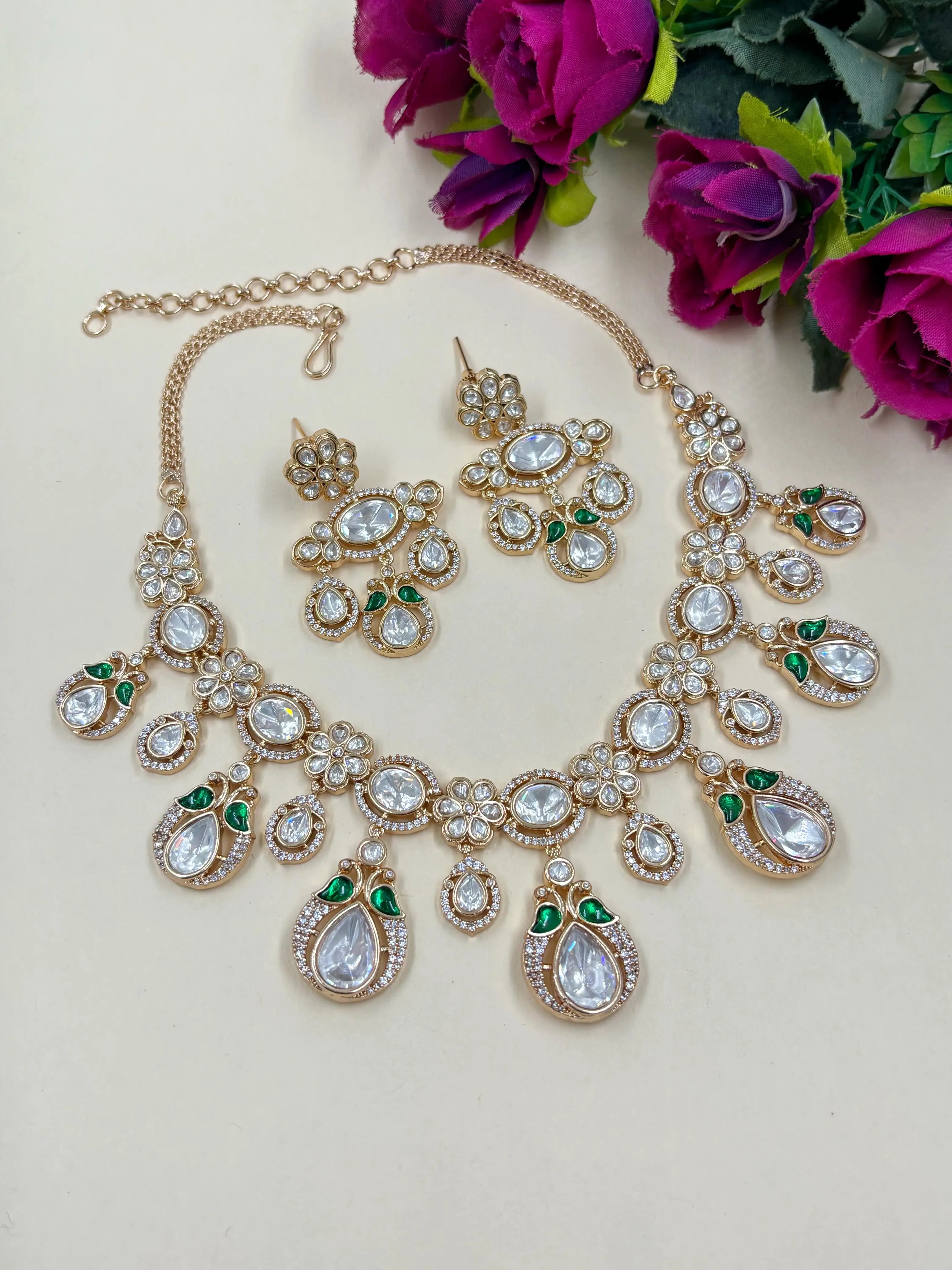 Artificial Wedding Polki Jewellery Necklace For Women in green color 