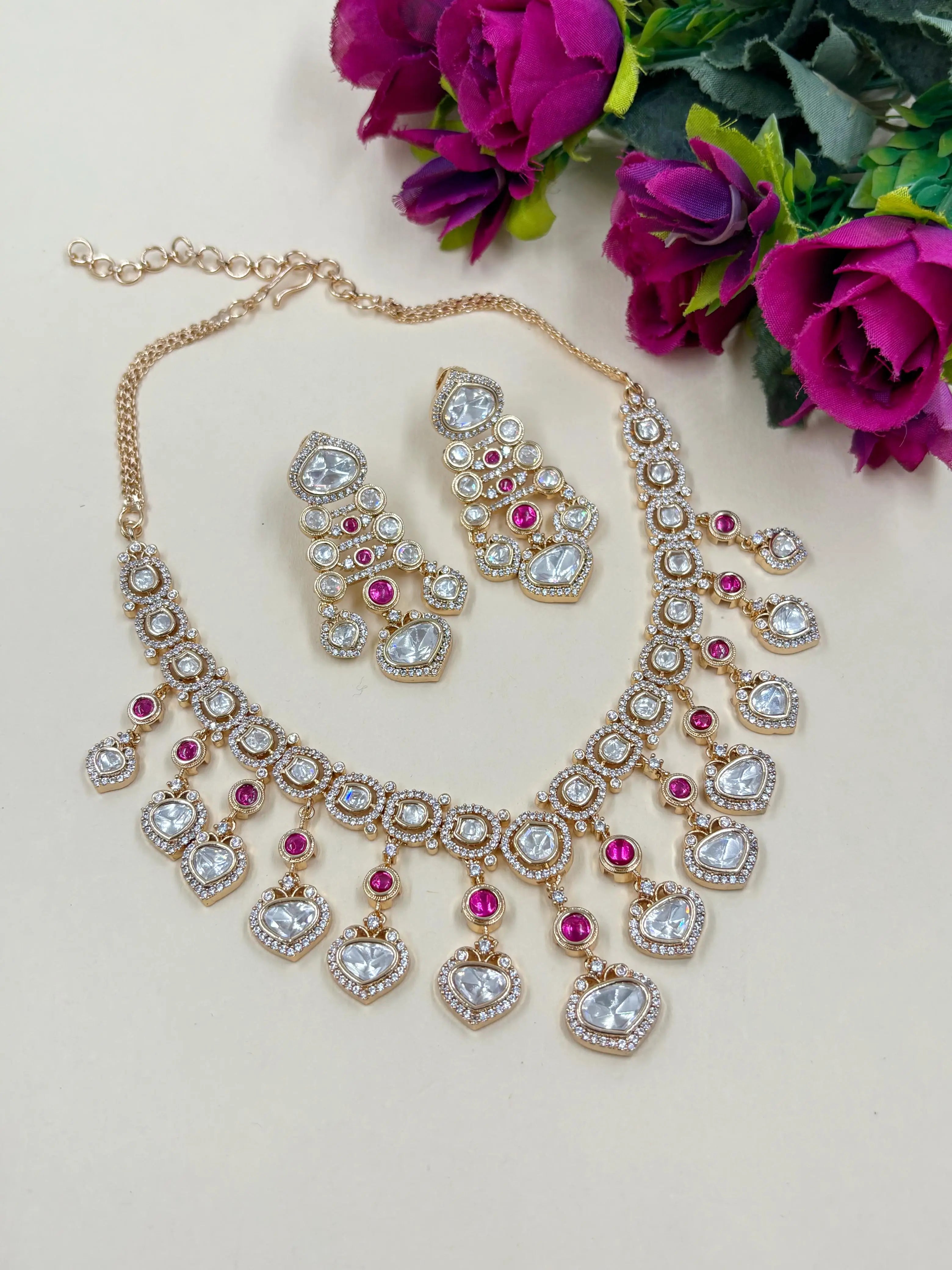 Maansi Elegant pink  Polki Drop Necklace Set | Polki Jewellery Online 