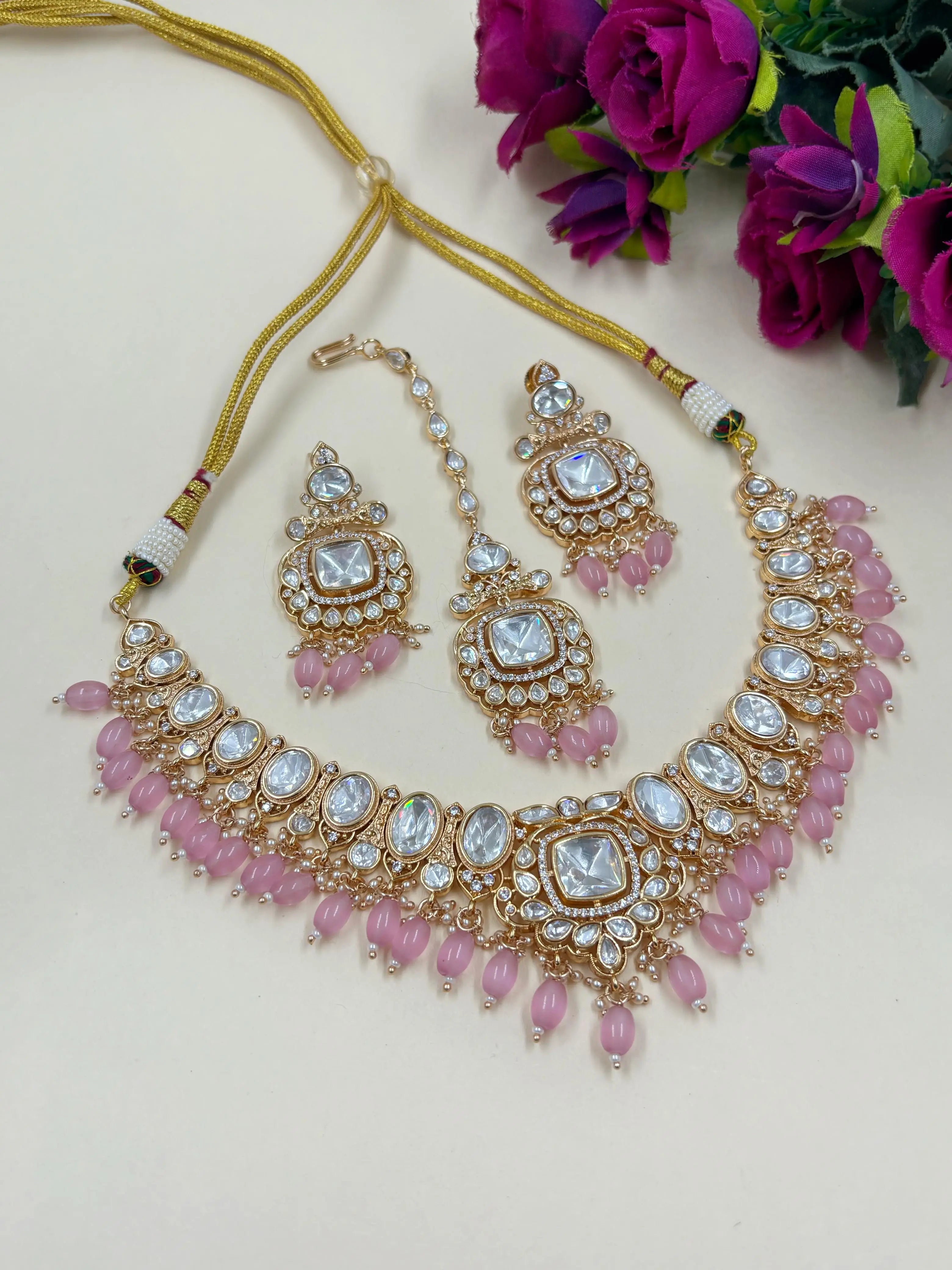 Elegant Party Wear Polki Kundan Necklace Set With Pink drops and maang Tikka For Women online