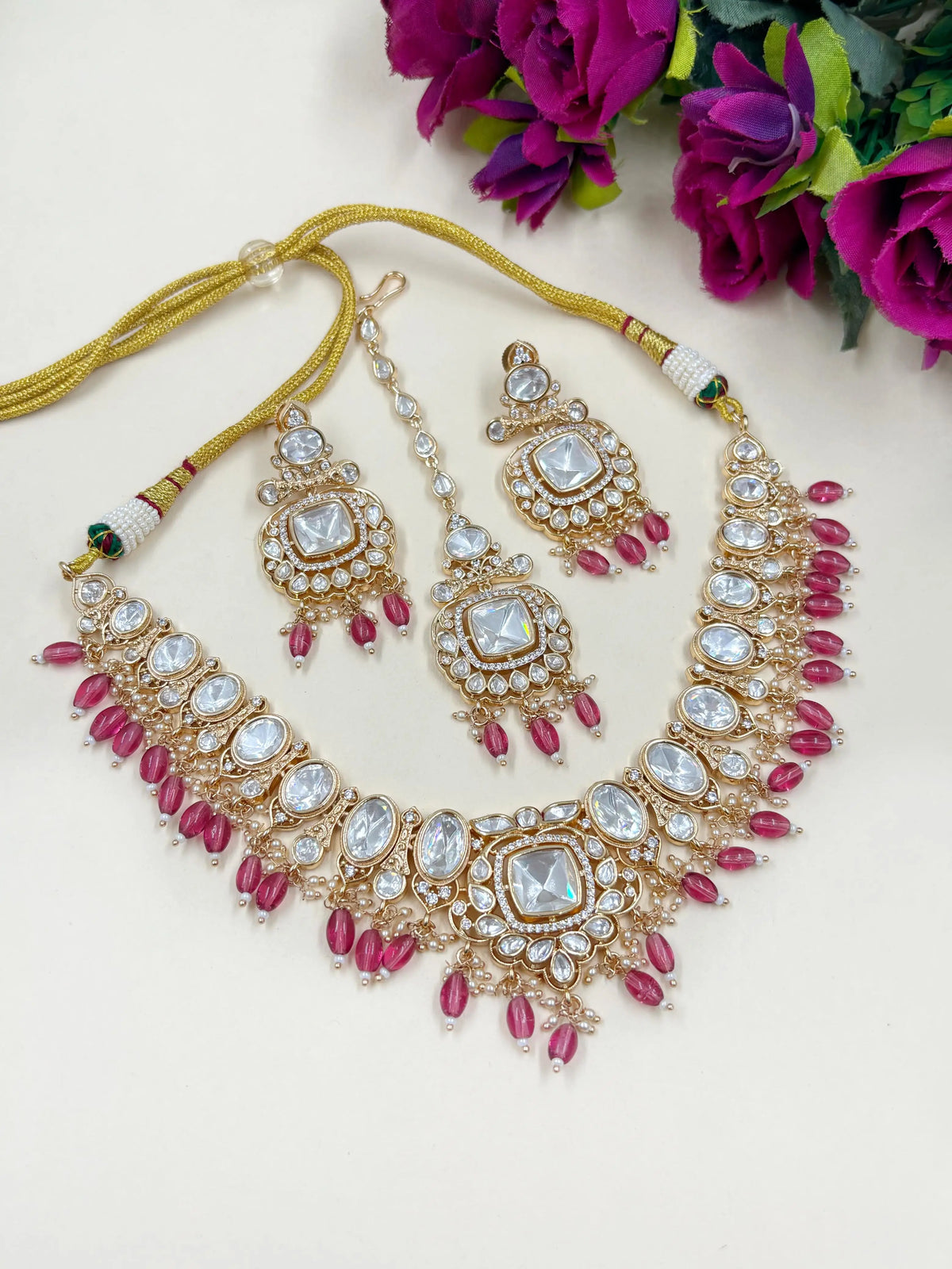 Elegant Party Wear Polki Kundan Necklace Set With Pink drops and maang Tikka For Women online