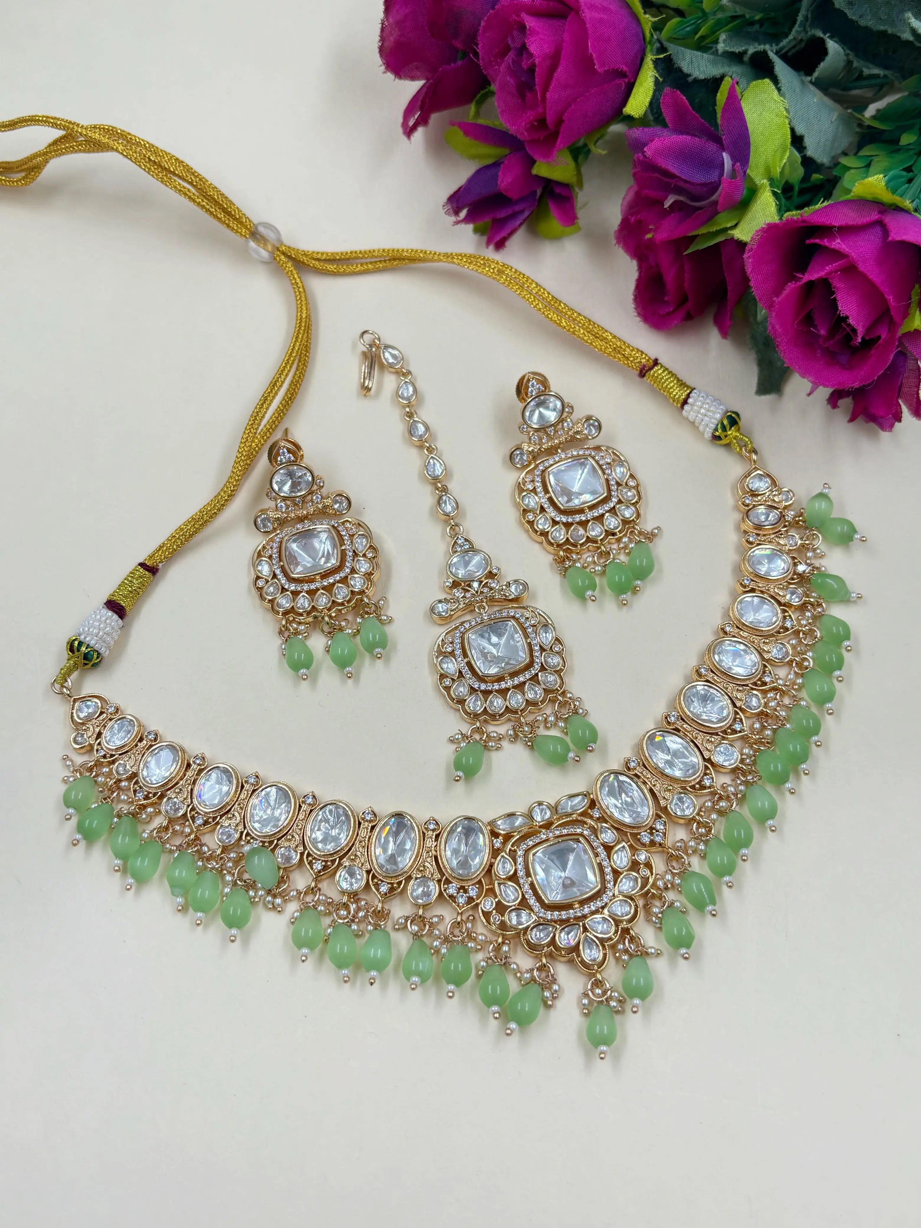 Elegant Party Wear Polki Kundan Necklace Set With mint green drops and maang Tikka For Women online