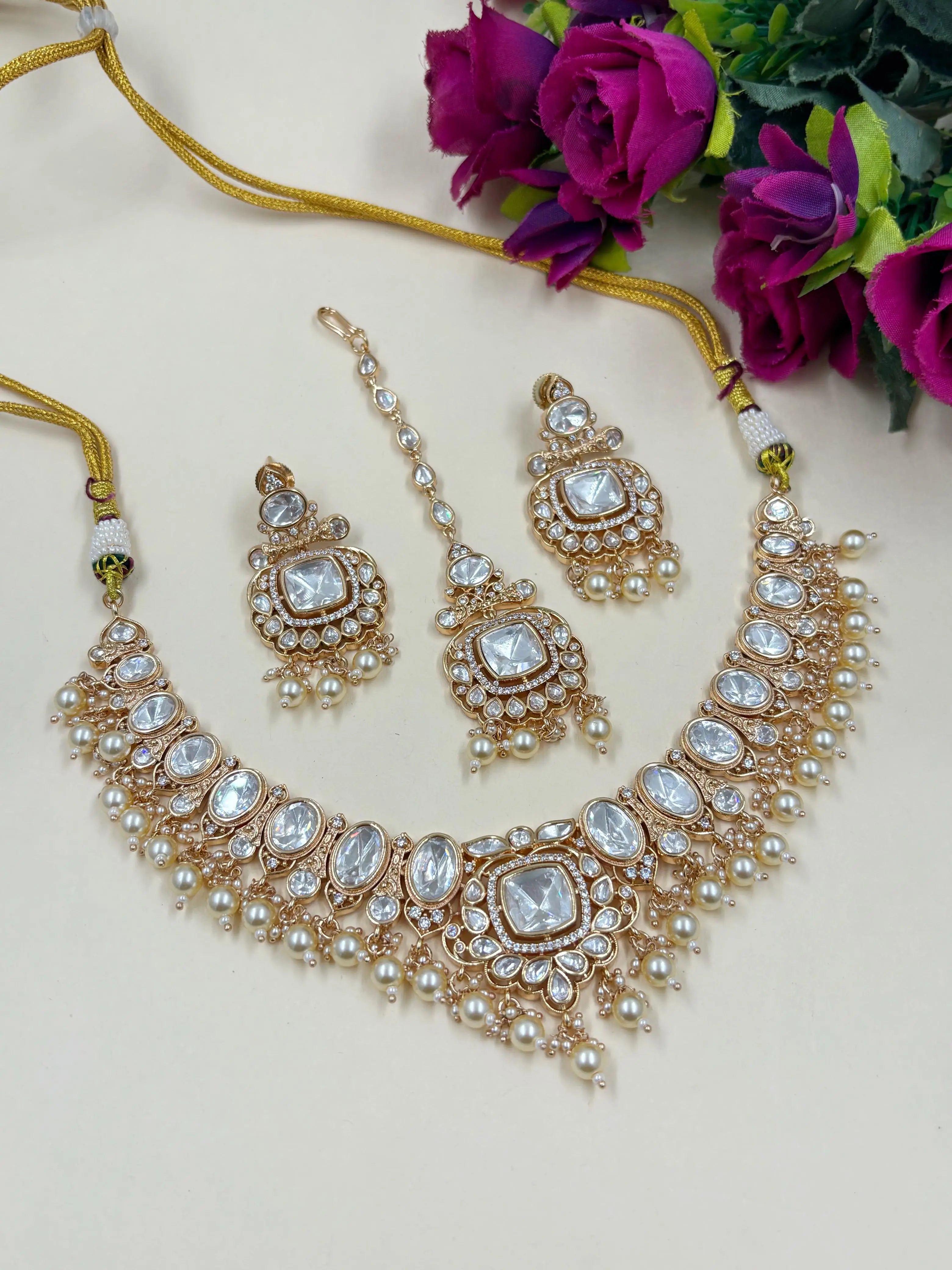 Elegant Party Wear Polki Kundan Necklace Set With pearl drops and maang Tikka For Women online