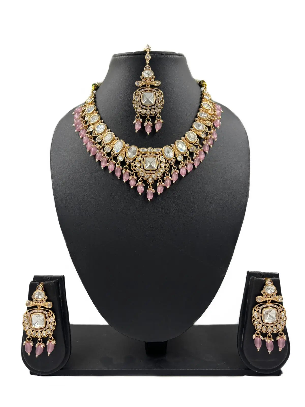 Elegant Party Wear Polki Kundan Necklace Set With Pink drops and maang Tikka For Women online