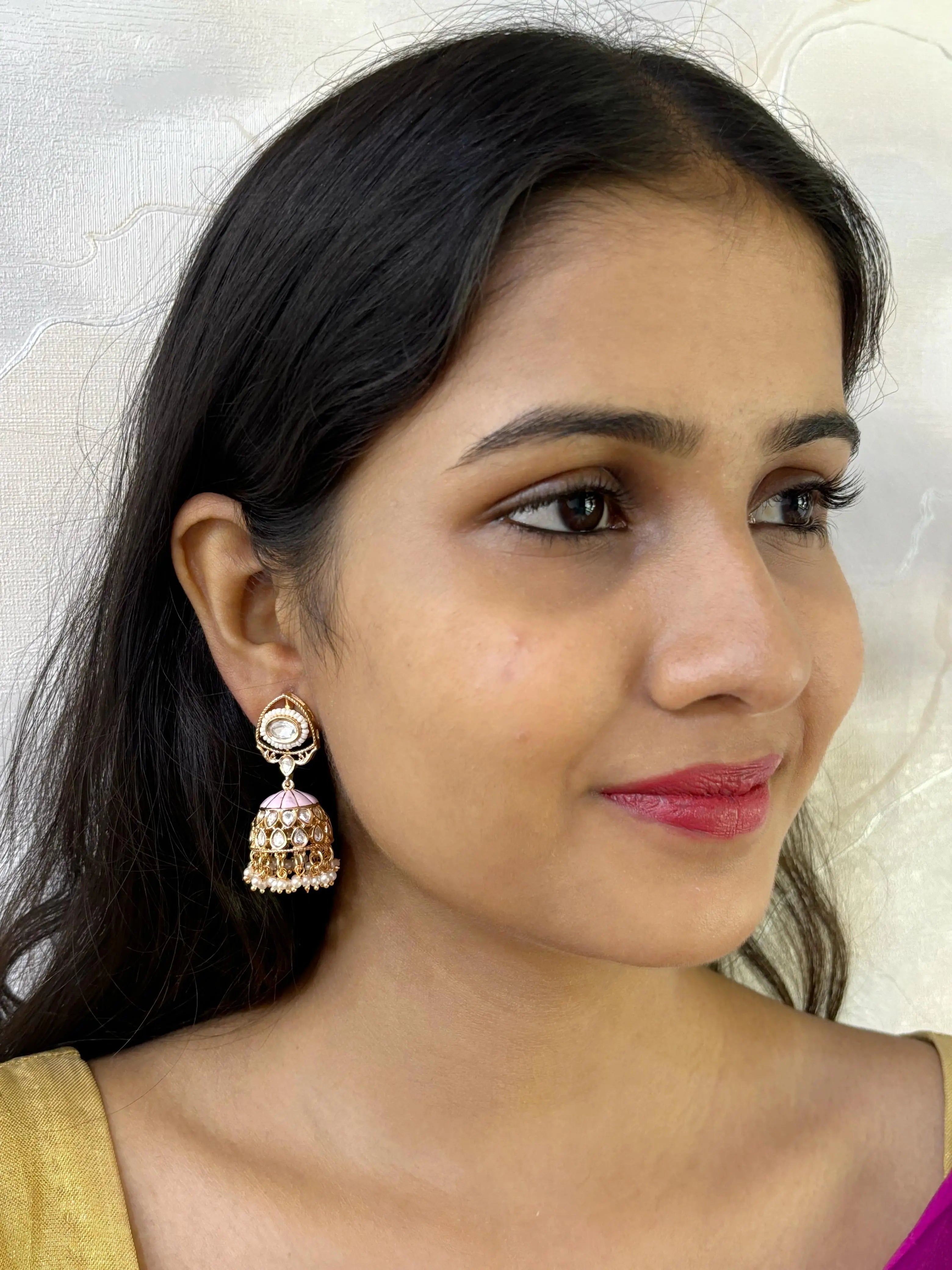 Beautiful Weight Less Polki Kundan Baby Pink Jhumki Earrings For Women and girls online