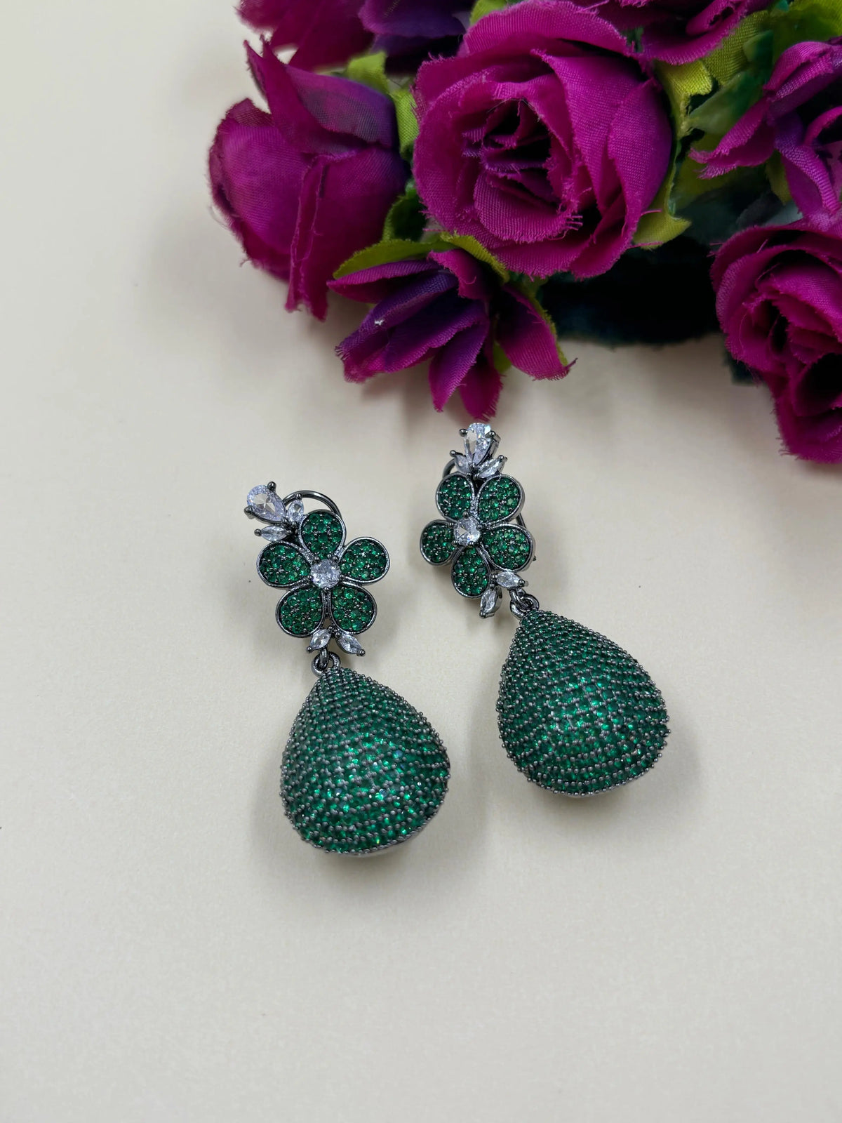 Contemporary Flower Design Zircon Dangler Earrings For Women in green color handcrafted for indian and western wear