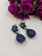 Contemporary Flower Design Zircon Dangler Earrings For Women in blue color handcrafted for indian and western wear