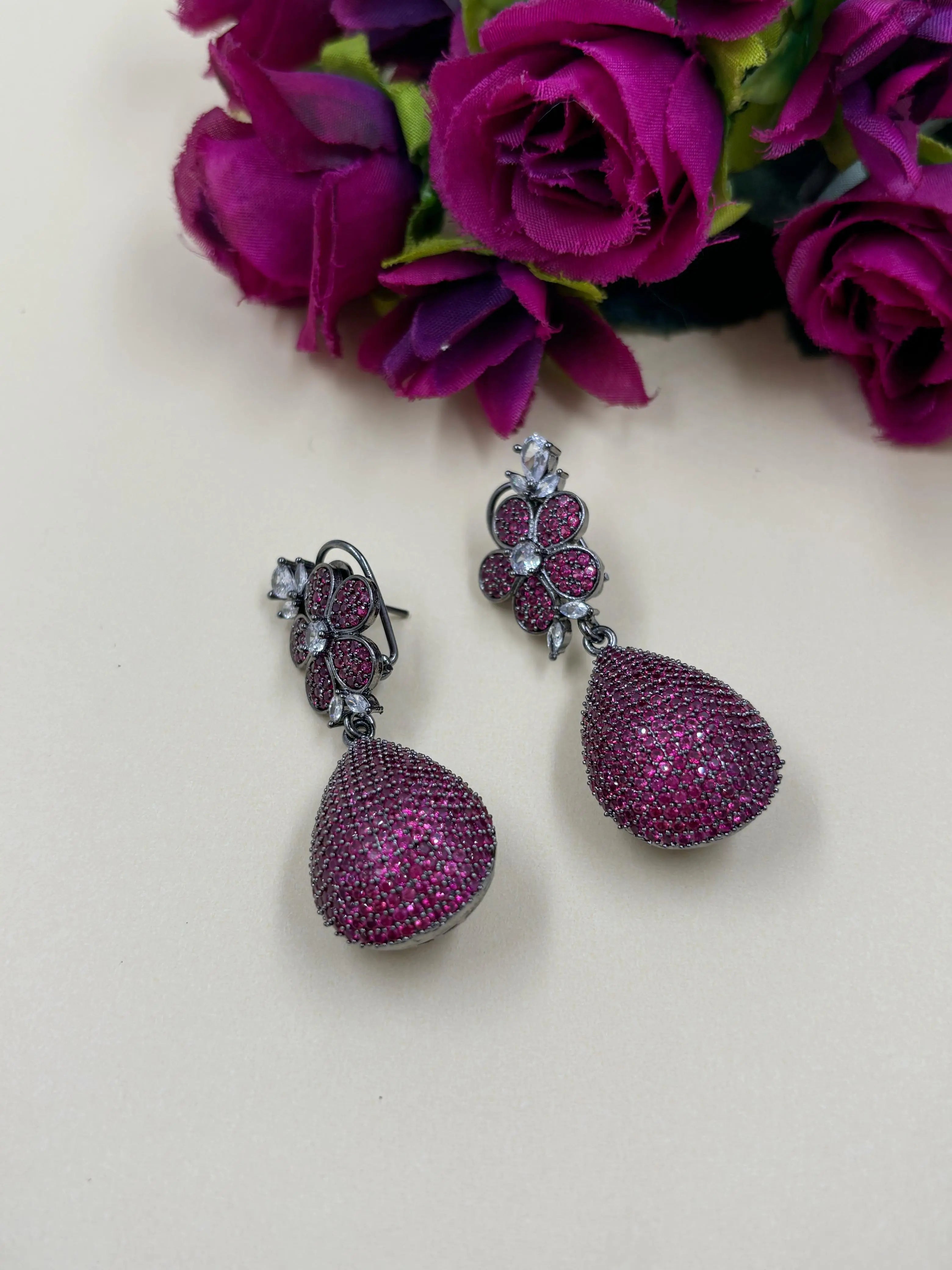 Contemporary Flower Design Zircon Dangler Earrings For Women in ruby color handcrafted for indian and western wear