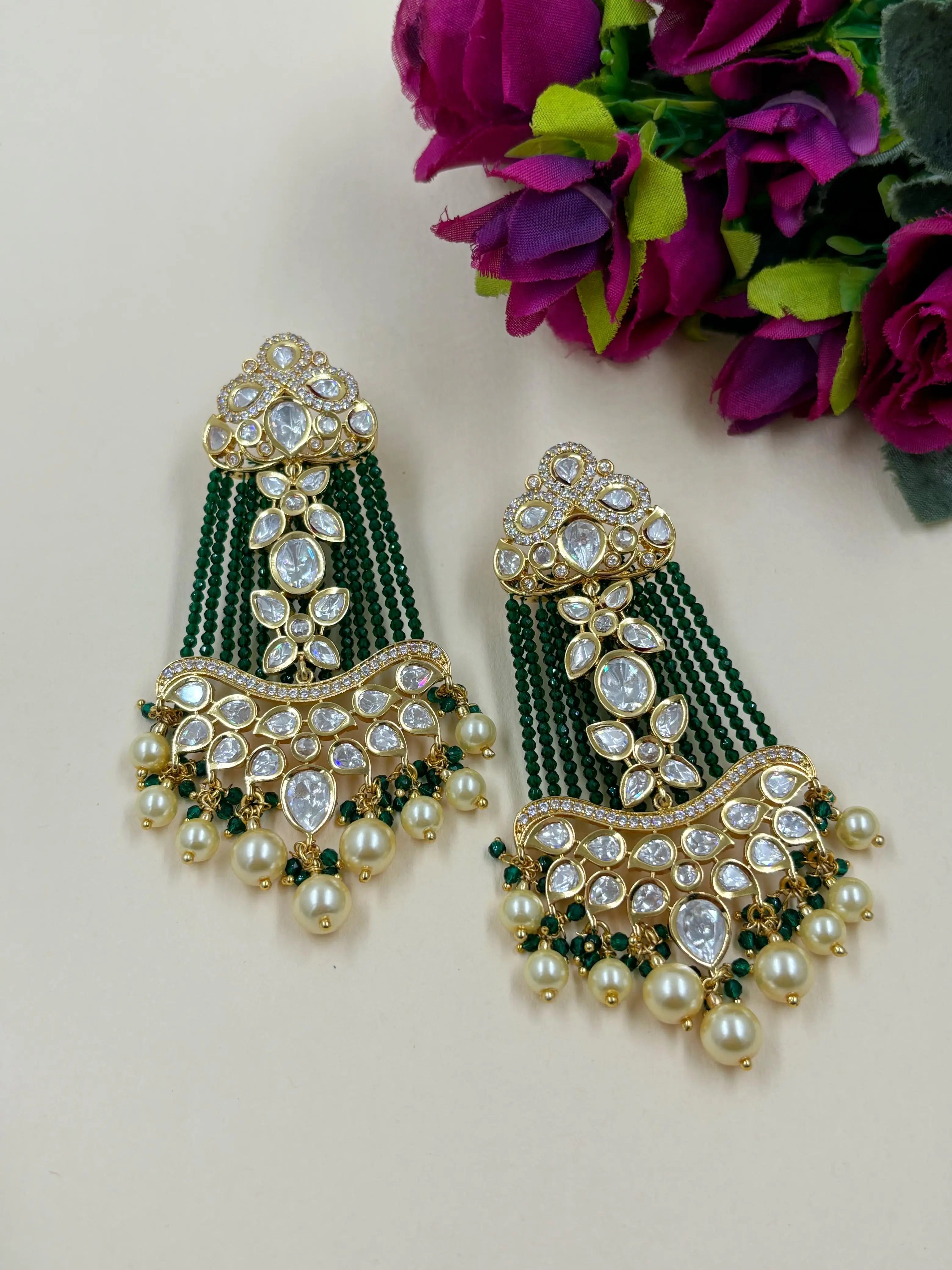 Designer Polki Kundan Green Chandelier Earrings For Weddings and parties 