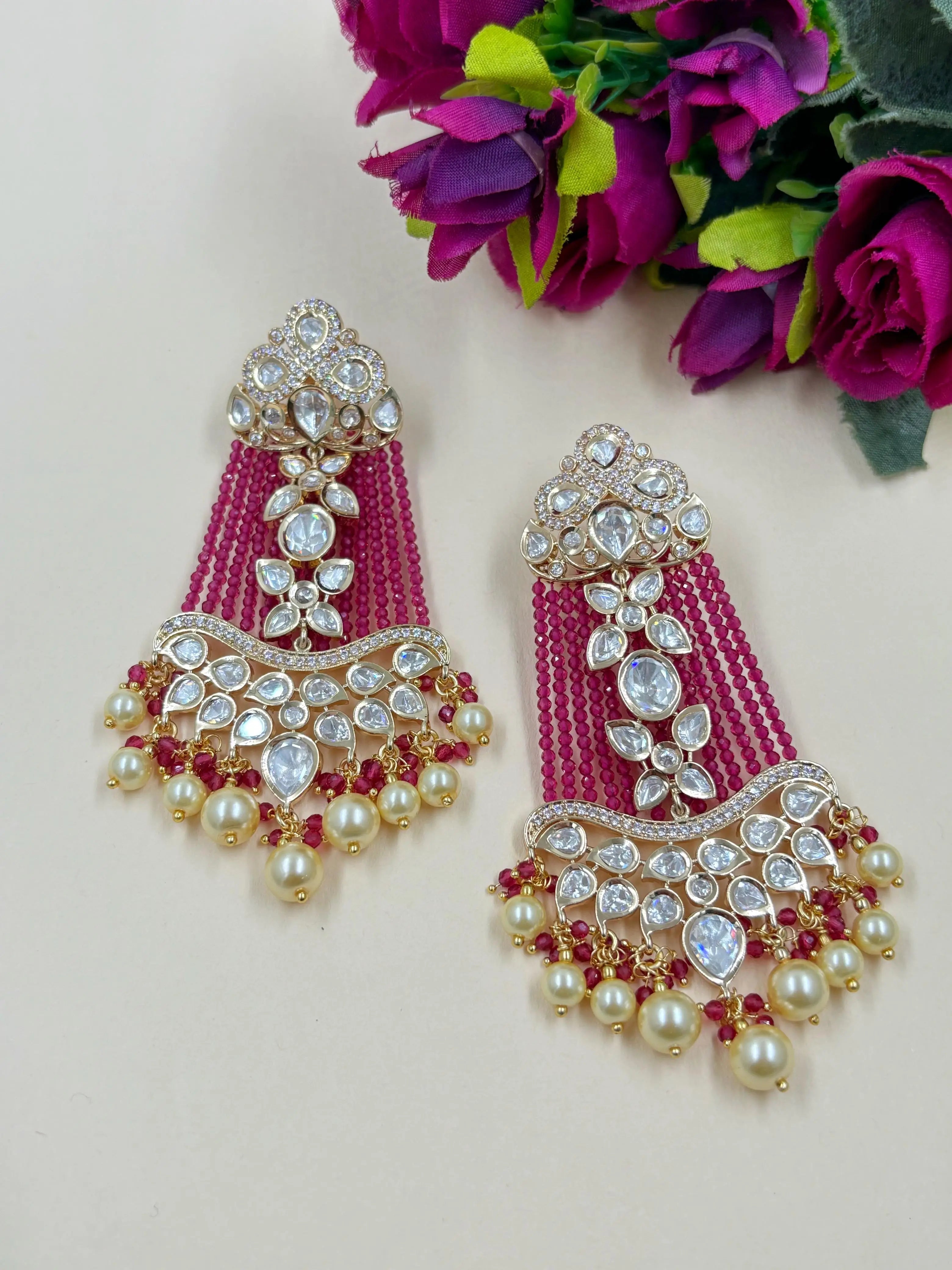 Designer Polki Kundan Pink Chandelier Earrings For Weddings and parties 