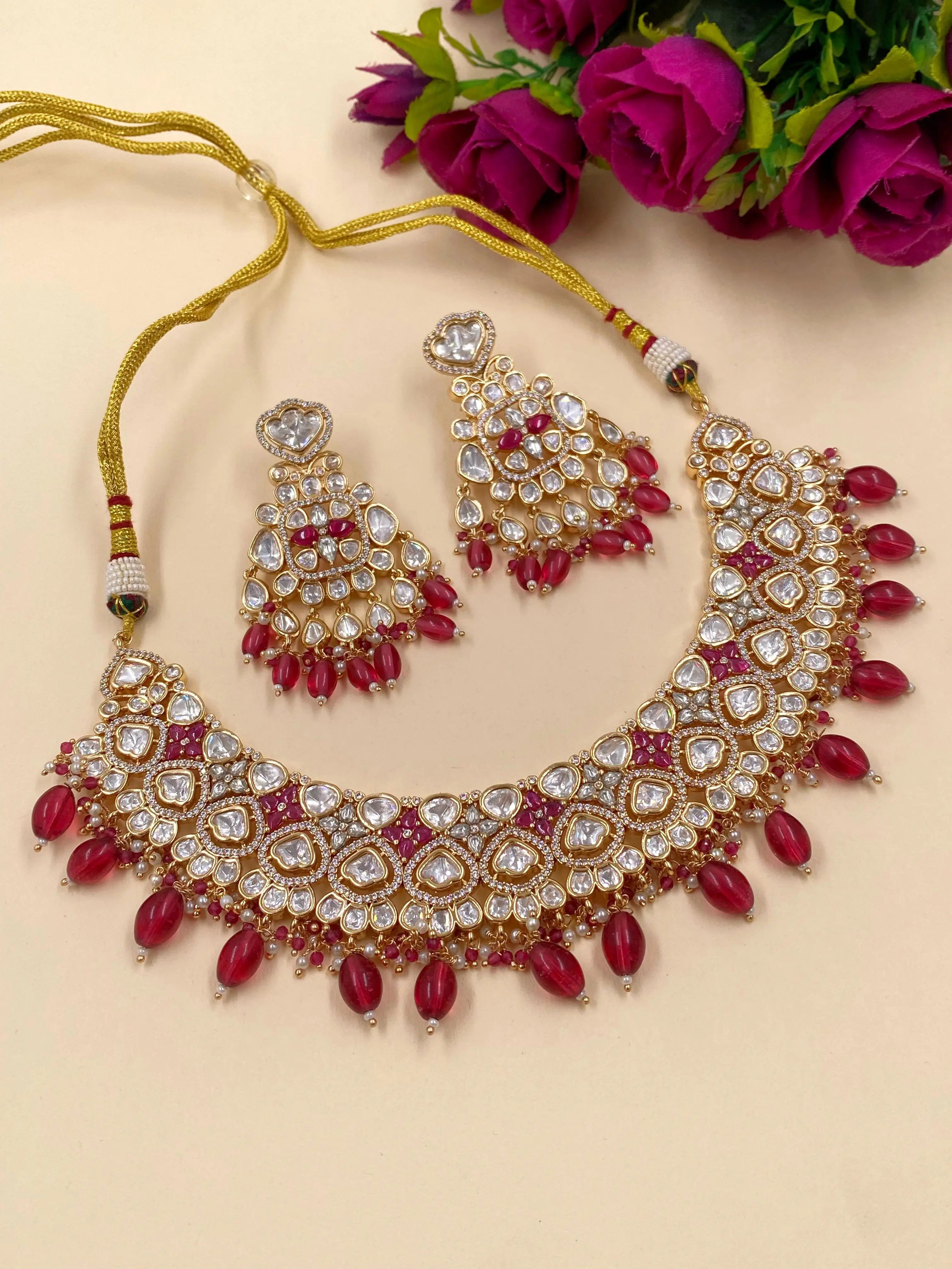 Radhika Exclusive Polki Kundan Bridal Necklace Set | Ruby Pink Wedding Necklace