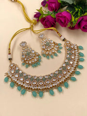 Radhika Exclusive Polki Kundan Bridal Necklace Set | Mint Green Wedding Necklace