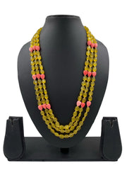 Triple Layered Yellow  Monalisa Beads Necklace With Tulip Flowers