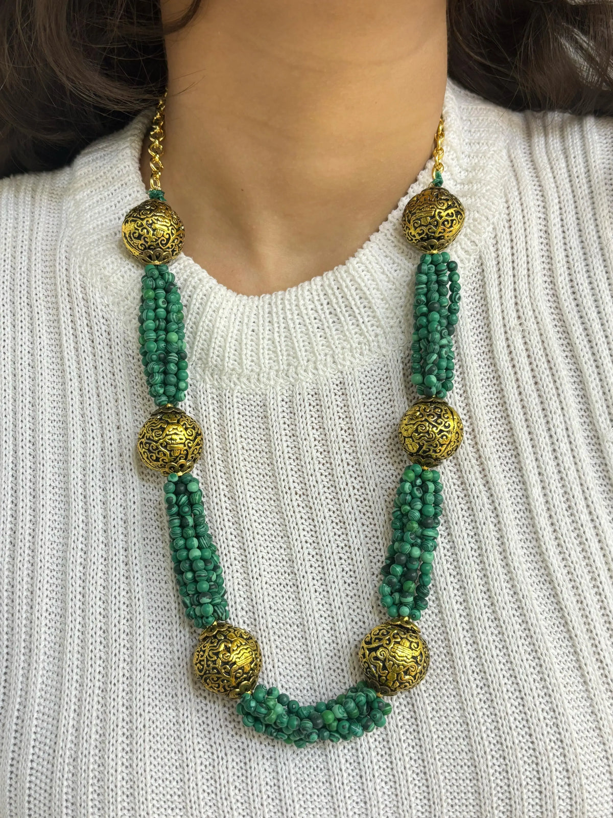 Fancy Multilayered Green Melachite Beaded Jewellery Necklace Set online 