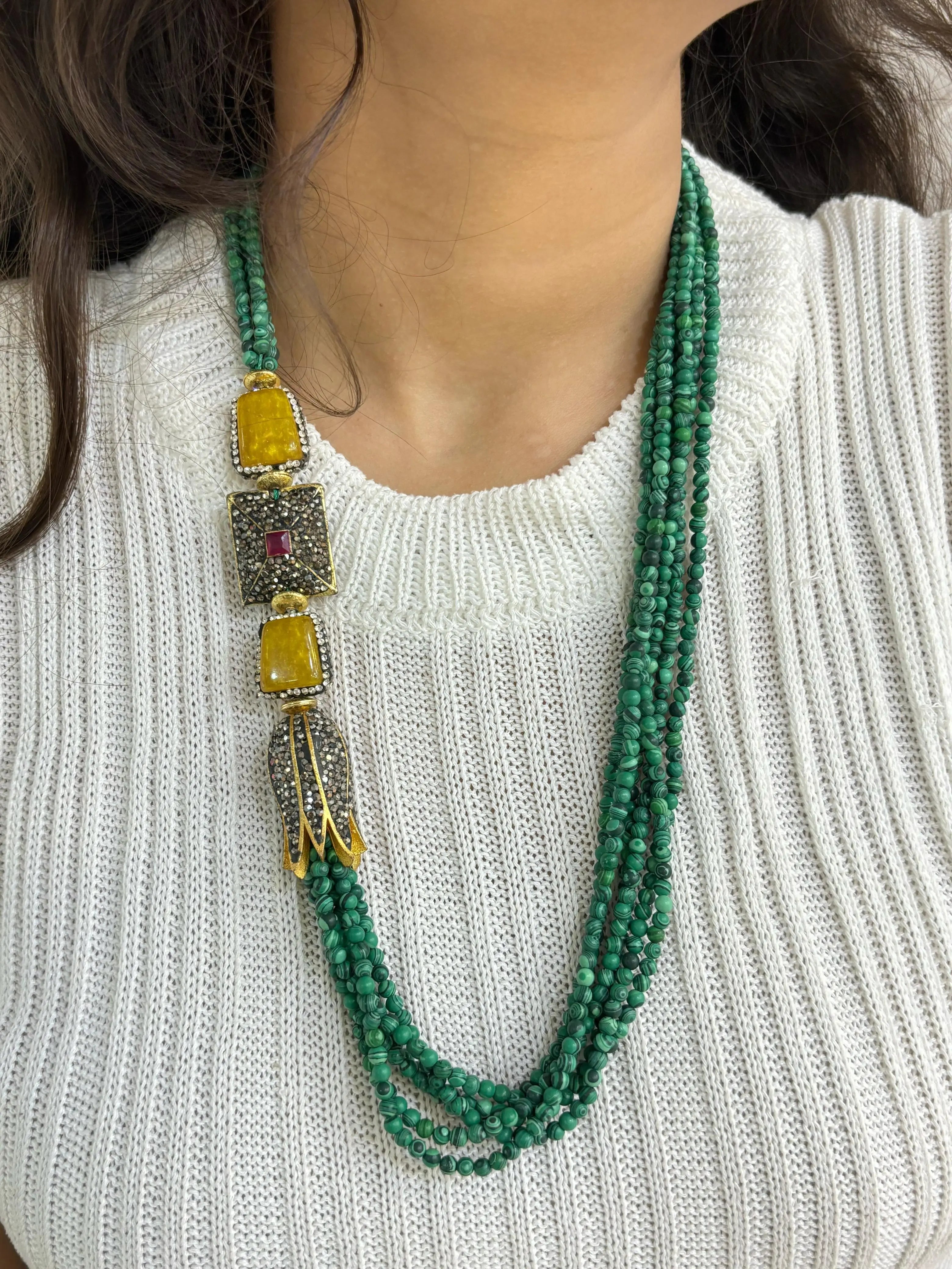 Multilayered Semi Precious Melachite Green Beaded Jewellery Necklace Set online 