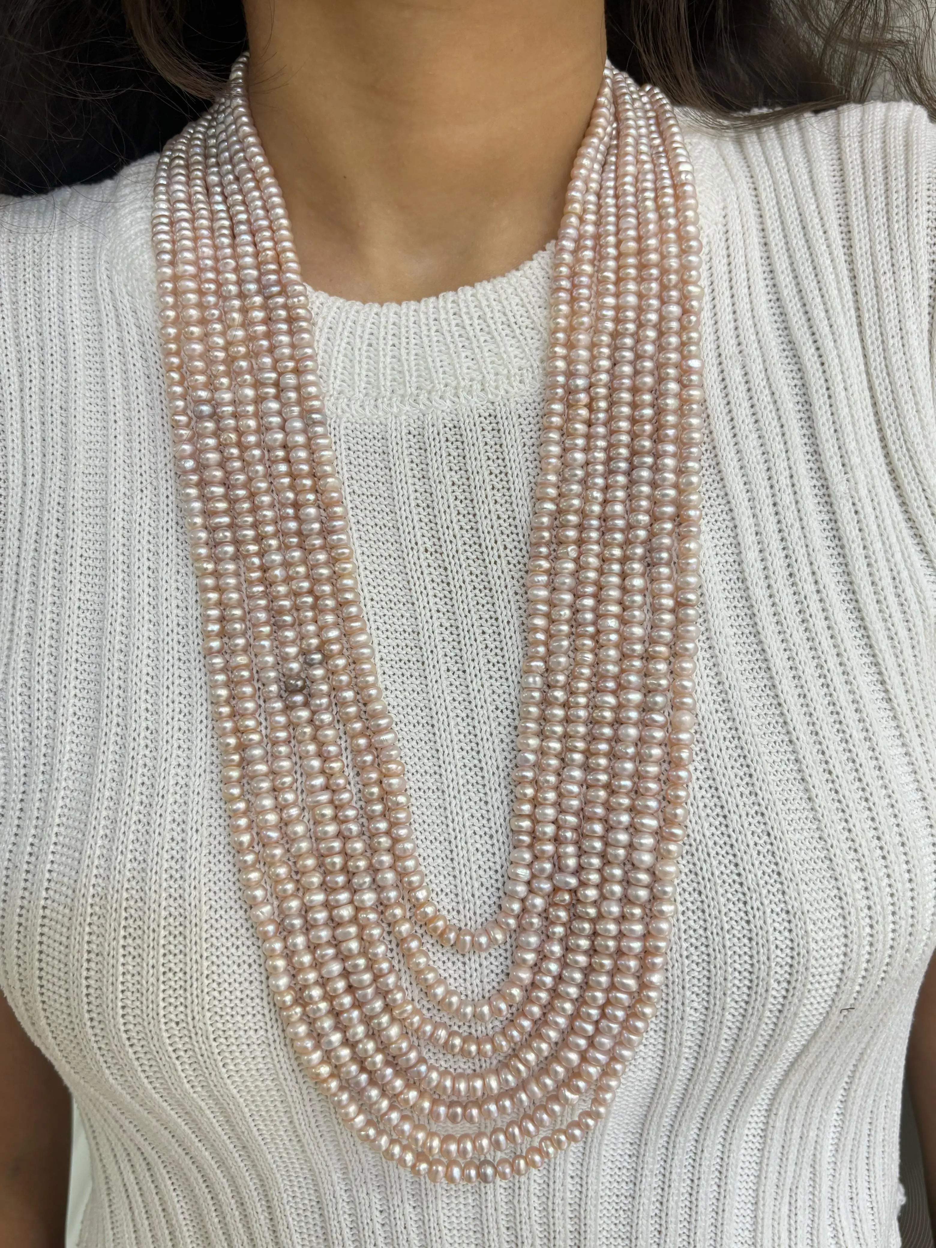 Long Unisex Multilayered Fresh Water Original Pink Pearl Beads Necklace