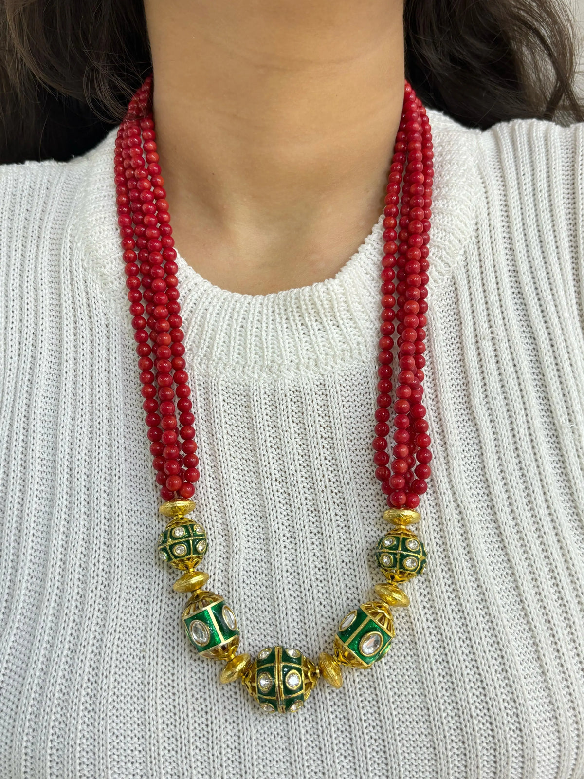 Designer Semi Precious Multilayered Red Coral Beaded Necklace Set | Beaded Jewellery