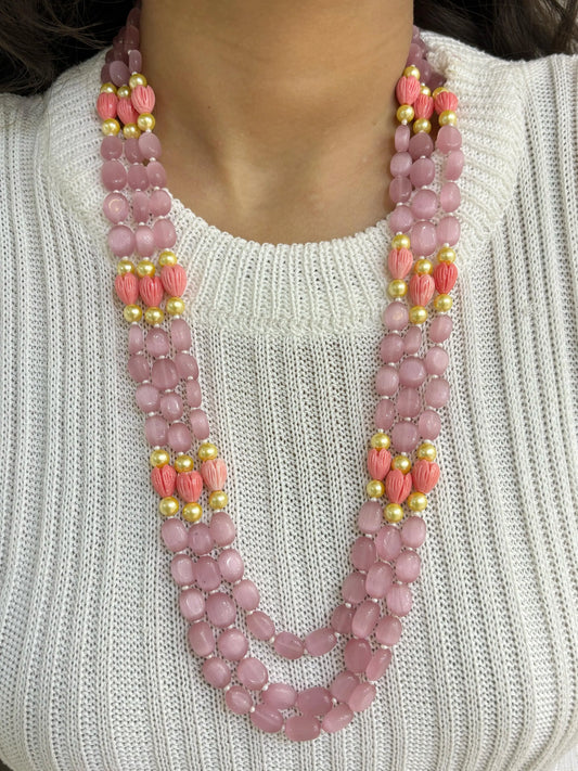 Triple Layered Monalisa Beads Necklace With Tulip Flowers