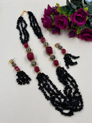 Designer Semi Precious Multi Layer Long Black Onyx Uncut Beaded Necklace Set online for women