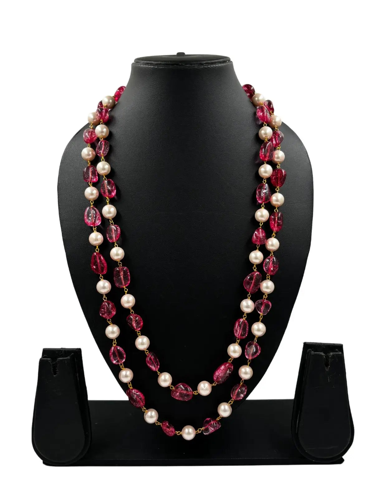 Semi Precious Double Layer Long Pink Tourmaline Beaded Necklace