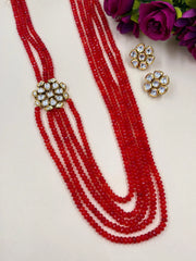 Semi Precious Bright Orange Beads And Kundan Side Brooch Necklace Set For Women