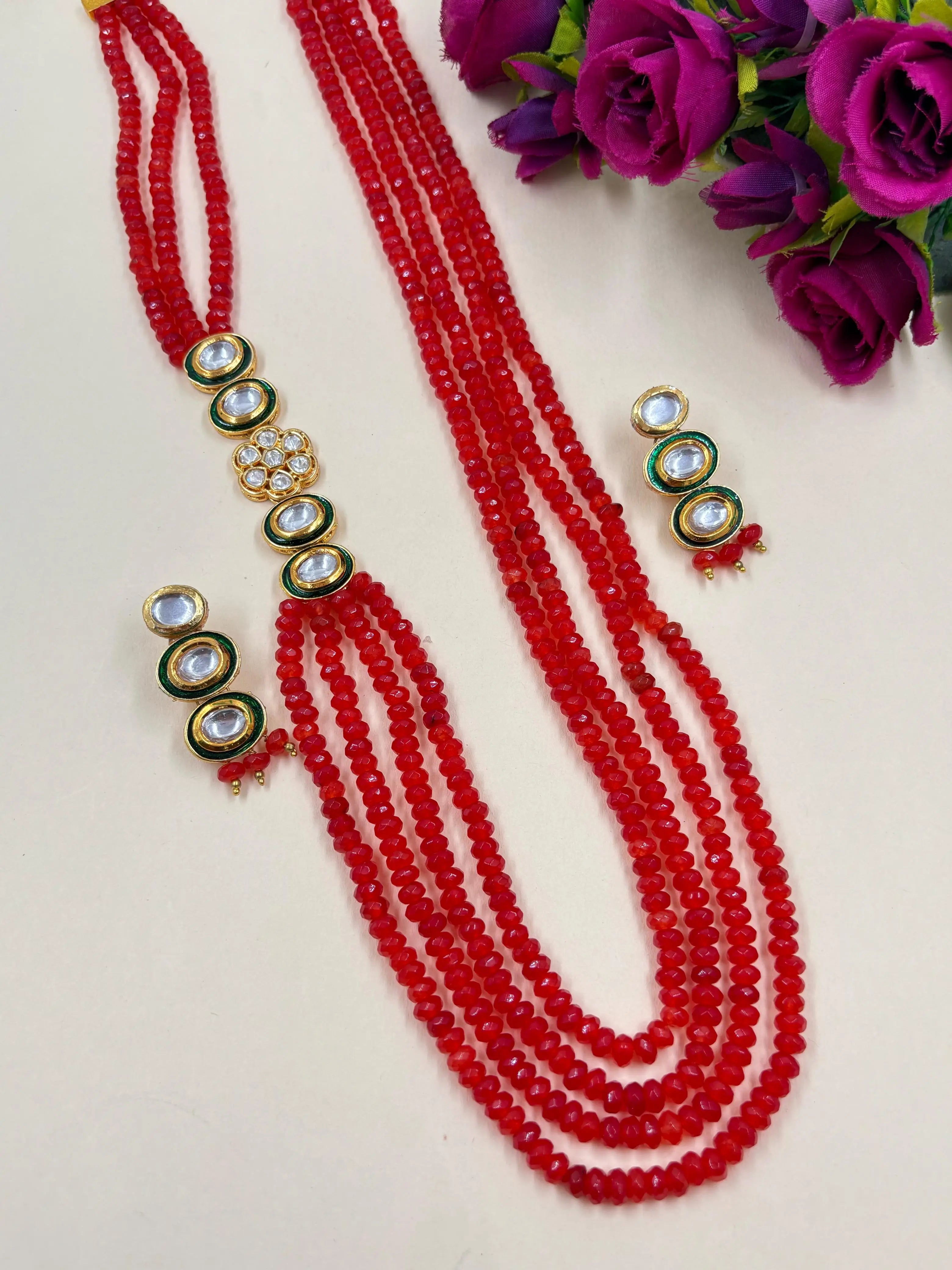 Designer Semi Precious Bright Orange Side Brooch Beads Necklace For Women