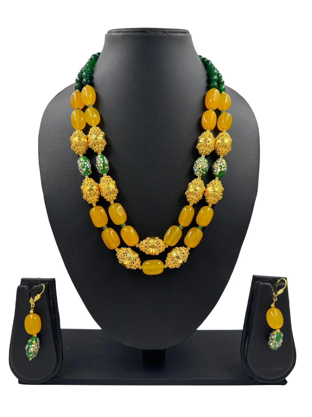 Designer Handcrafted Gemstone Statement double layered yellow Jade Beaded Necklace Set with golden beads online for women 