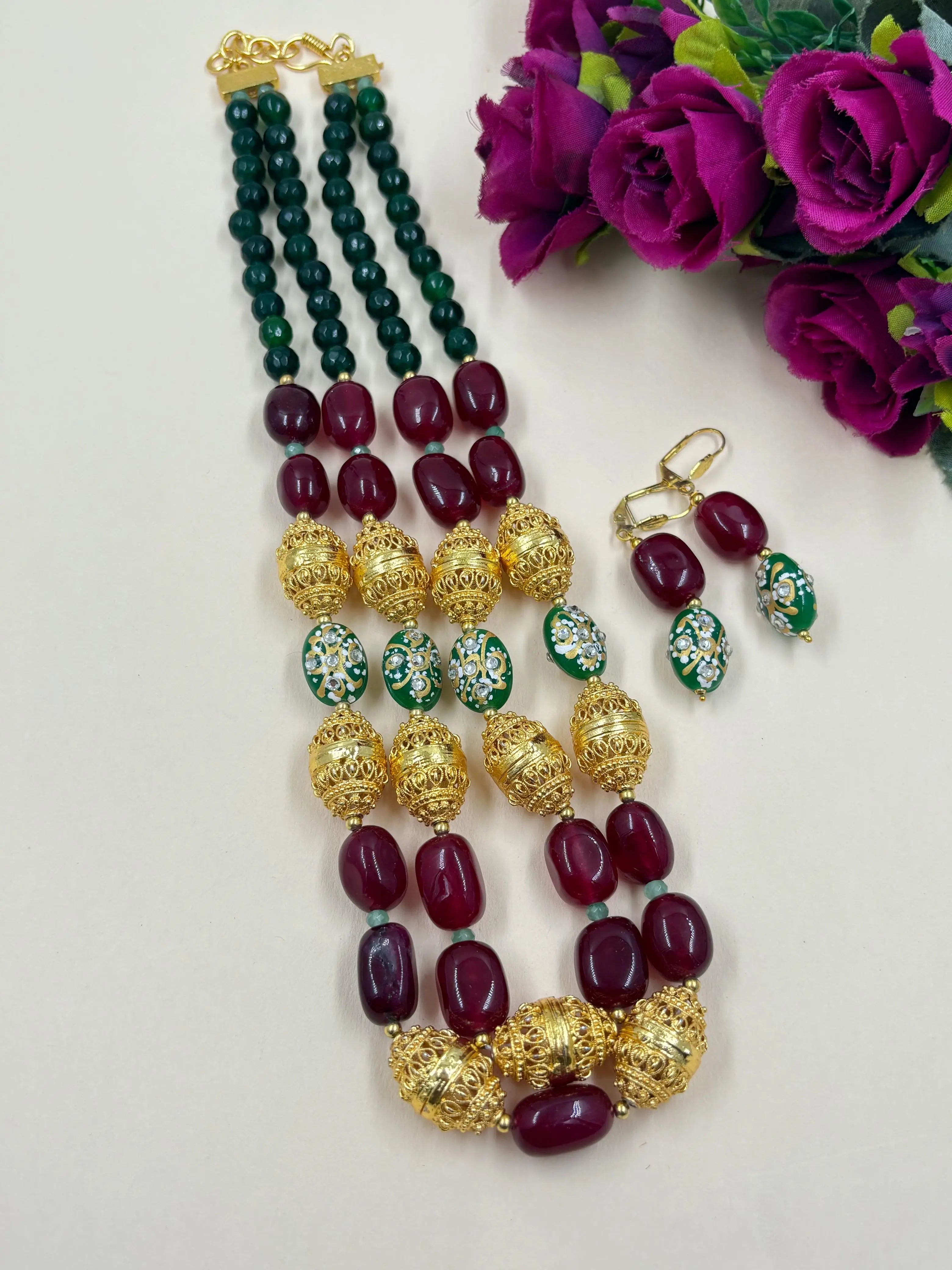 Designer Handcrafted Gemstone Statement double layered Maroon Jade Beaded Necklace Set with golden beads online for women 