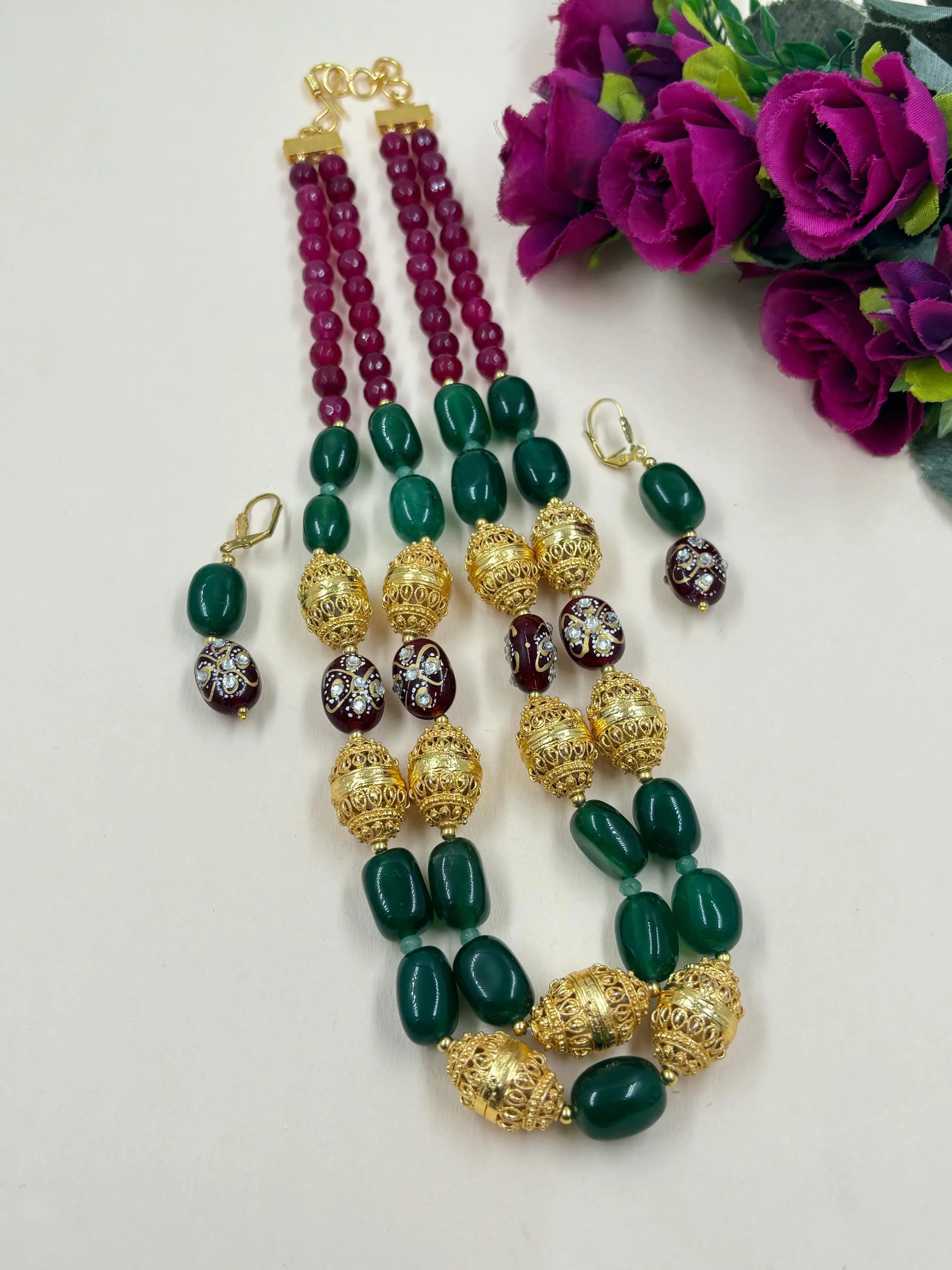 Designer Handcrafted Gemstone Statement double layered Green Jade Beaded Necklace Set with golden beads online for women 