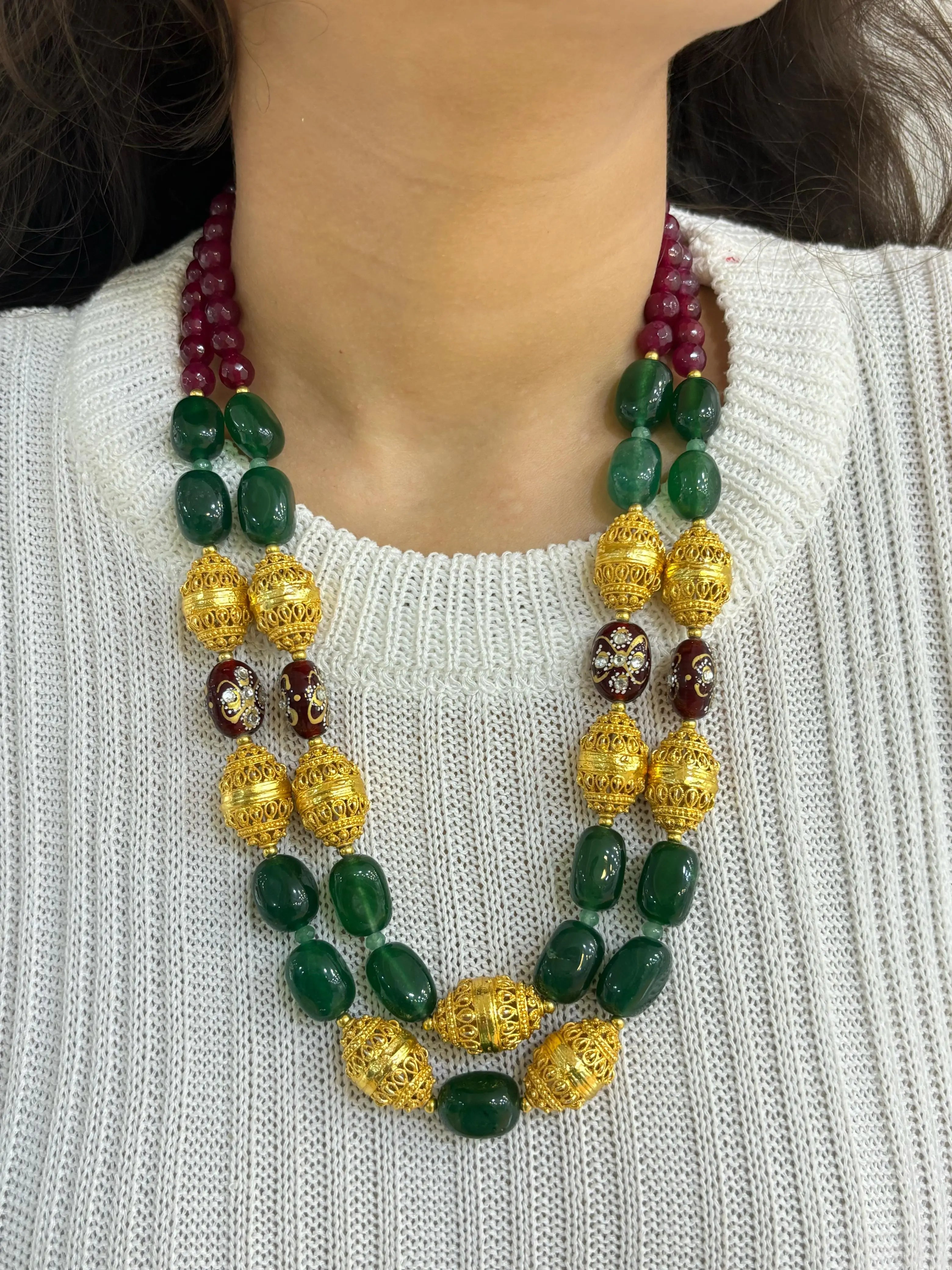 Designer Handcrafted Gemstone Statement Beaded Necklace Set by Gehna Shop – Semi Precious Jade Beads Tanjore Beads Green