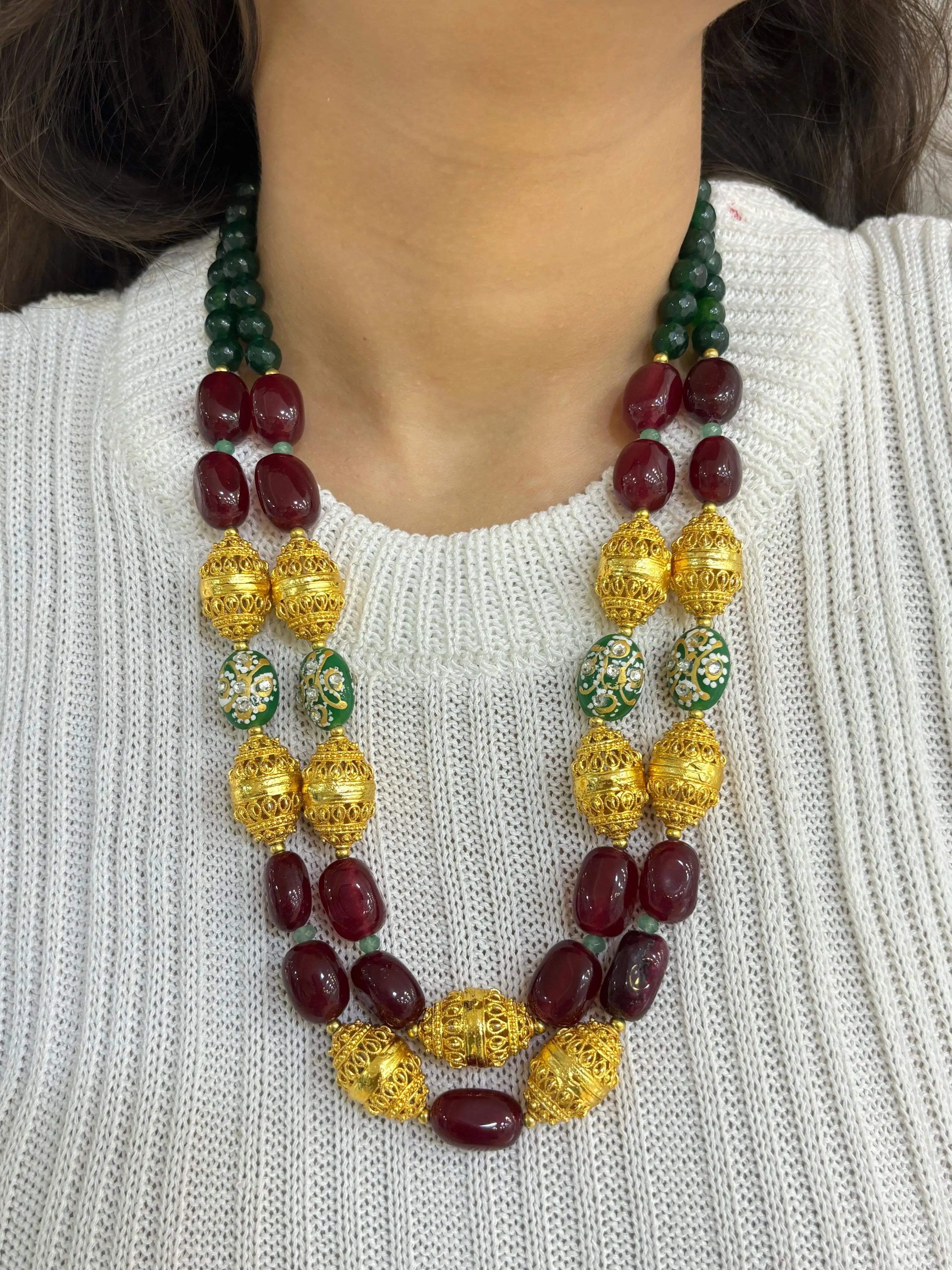 Designer Handcrafted Gemstone Statement Beaded Necklace Set by Gehna Shop – Semi Precious Jade Beads Tanjore Beads Red