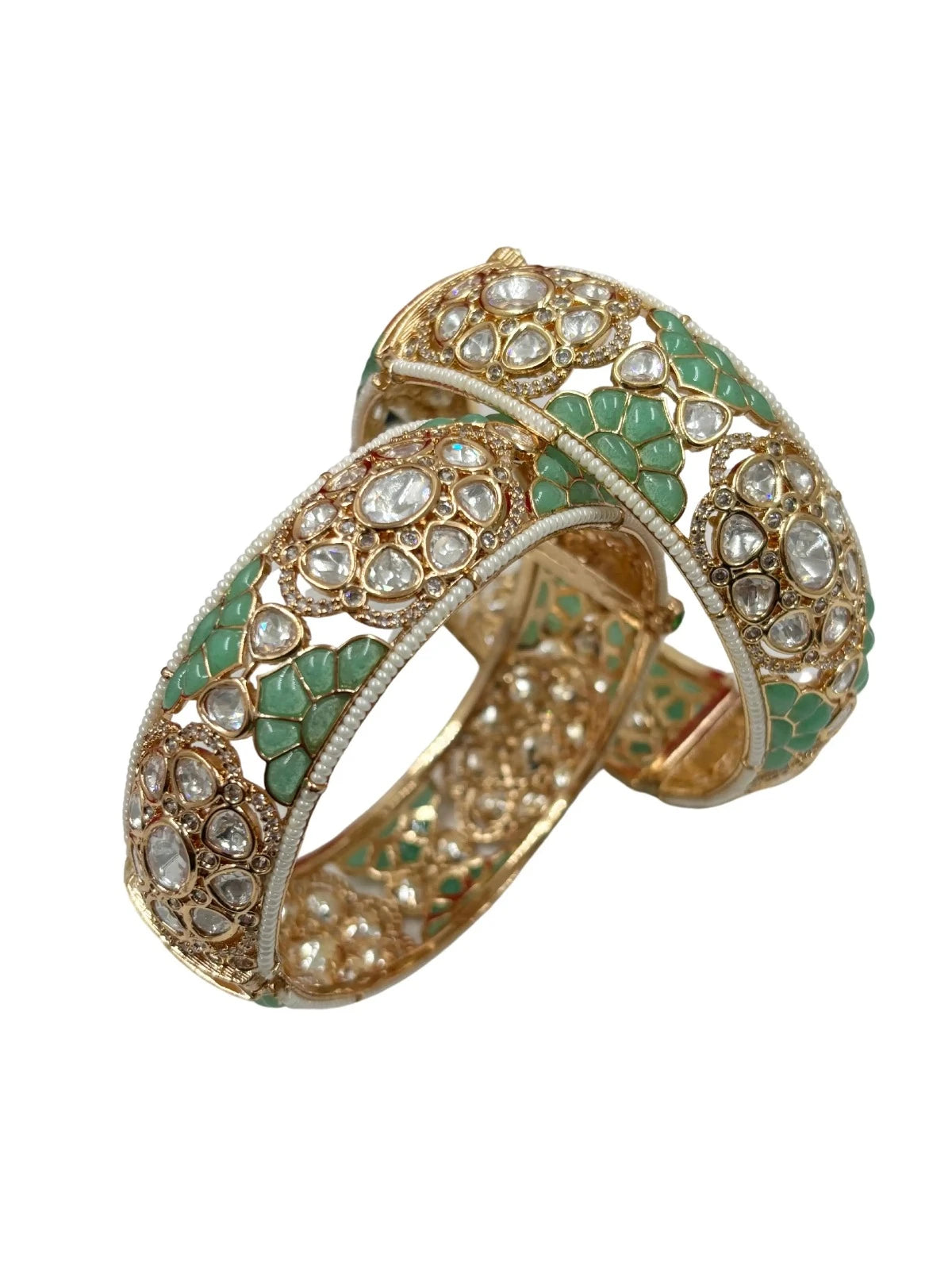 Designer And Magnificent Mint Green Kundan Polki Bangles For Weddings