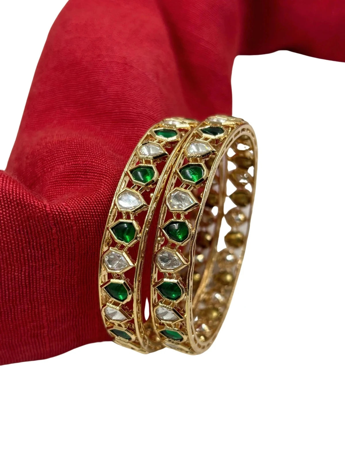 Ajitha Rose Gold Finish Thin Green Stone Kundan Polki Bangles Online for women