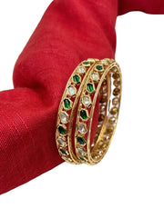 Ananya Rose Gold Polish Green Sleek Polki Kundan Bangles Online for Women