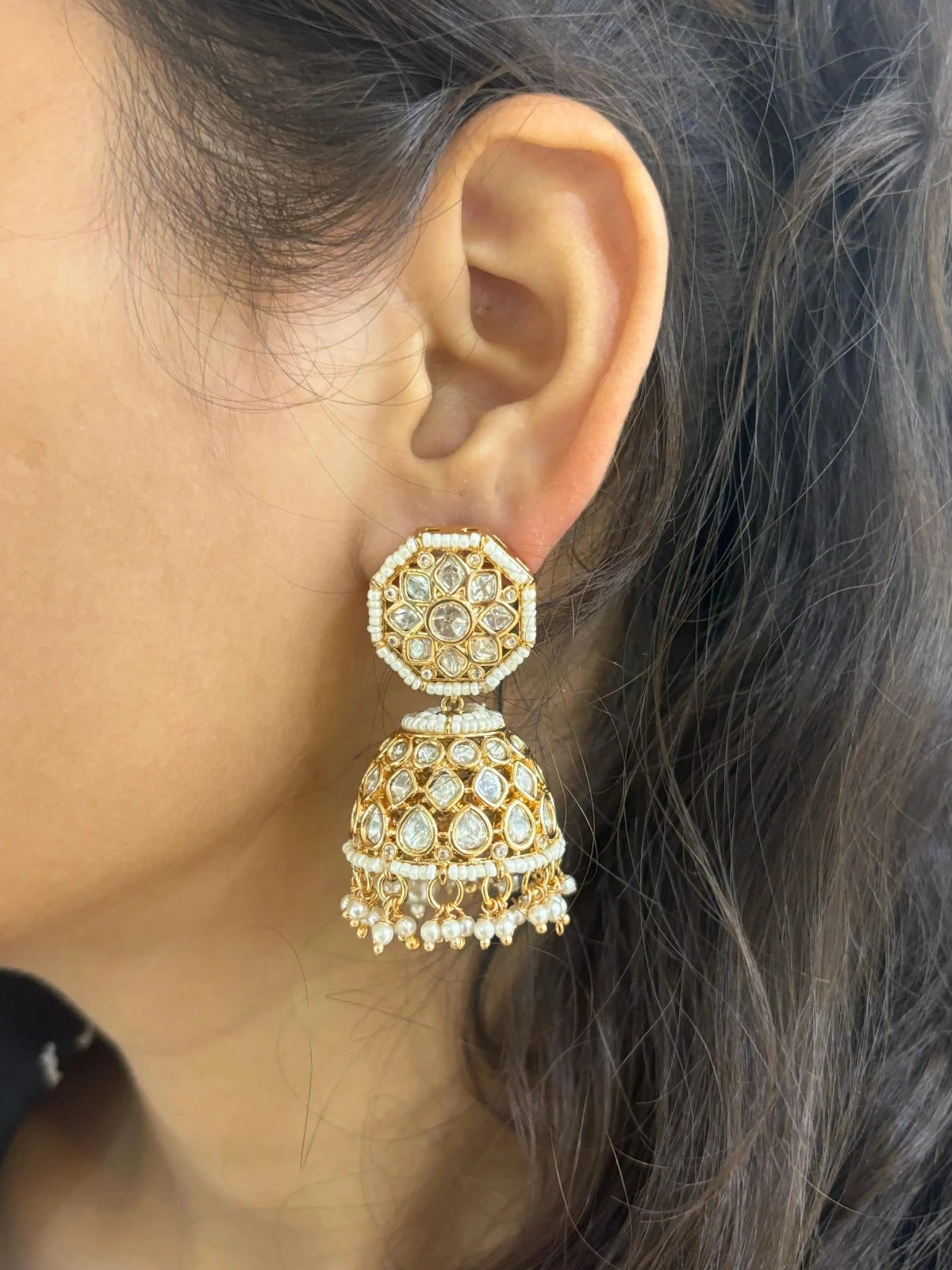 Kaashi Rose Gold Polish  Kundan Polki Jhumka Earrings For women Online 