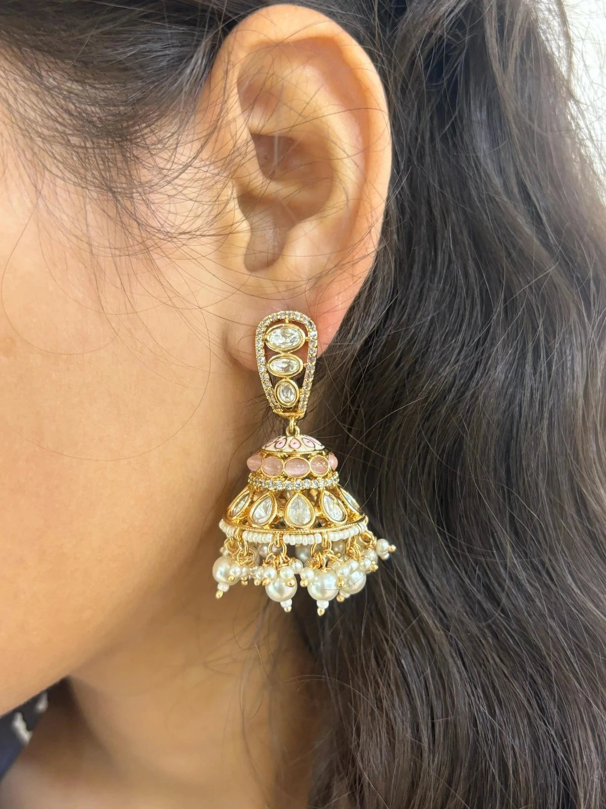 Nazneen Designer  Baby Pink Indian Kundan Jhumka Earrings For Women and girls 