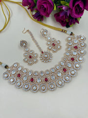 Sanyukta Designer Modern ruby Pink Polki Kundan Bridal Choker Jewellery Set With Tikka online 