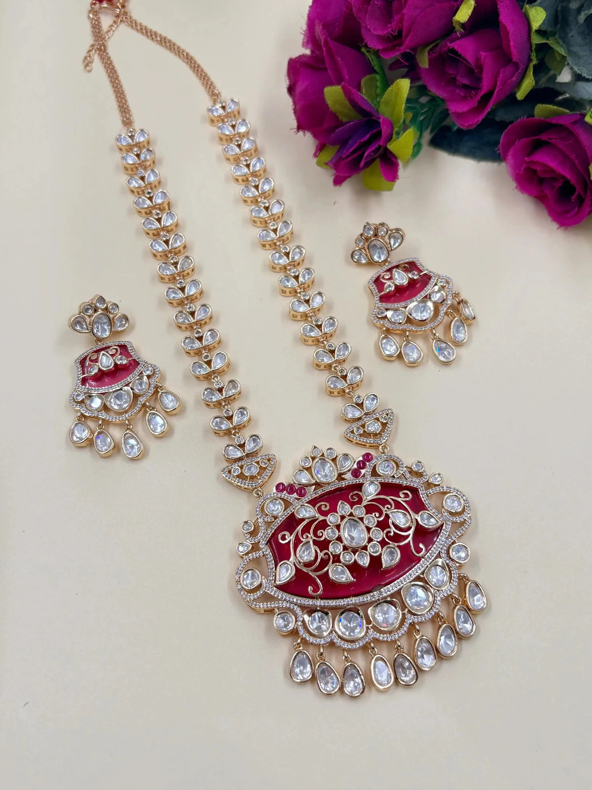 Ananta Beautiful Ruby Red Long Polki Pendant Necklace Set For Women