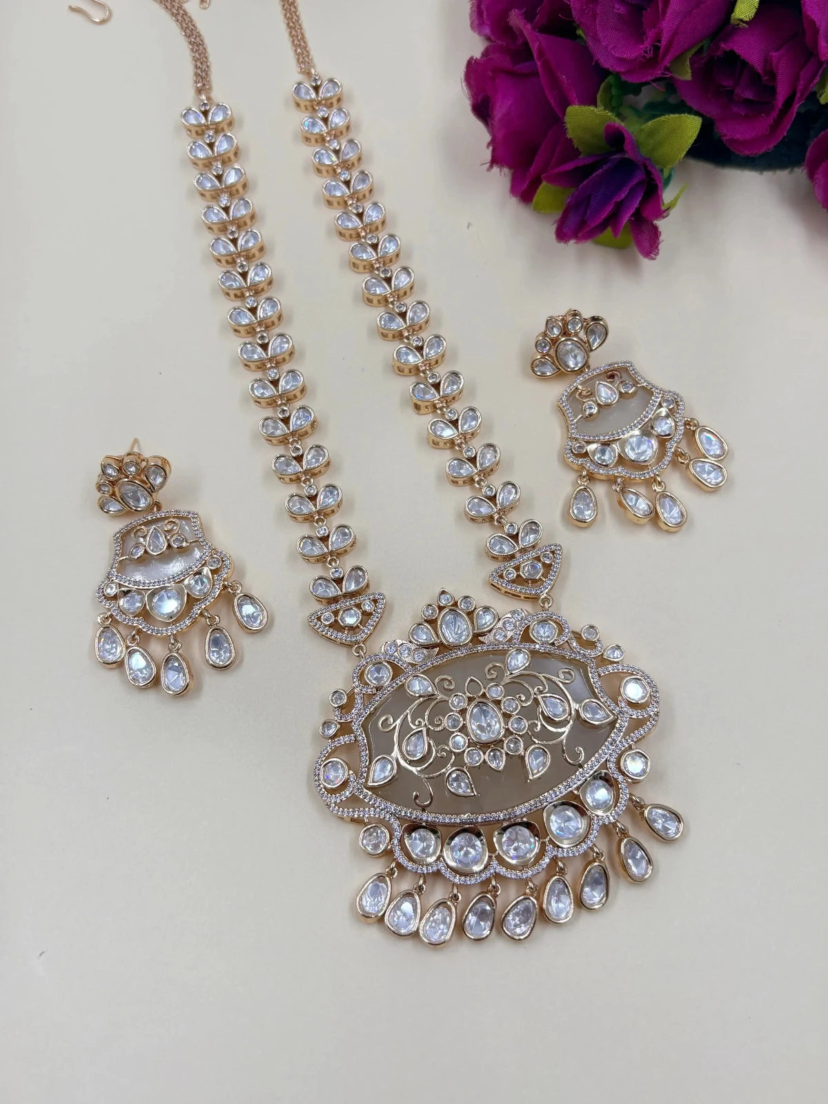 Ananta Beautiful Long Polki Pendant Necklace Set For Women