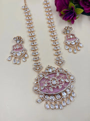 Ananta Beautiful Long Baby Pink Polki Pendant Necklace Set For Women