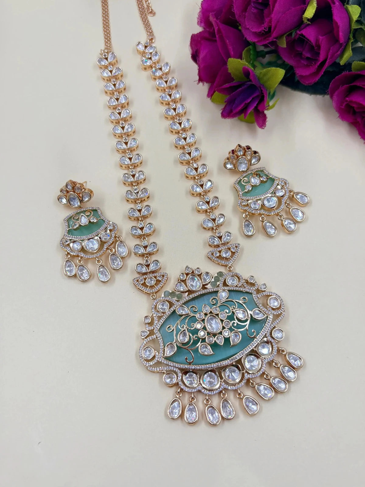 Ananta Beautiful Mint Green Long Polki Pendant Necklace Set For Women