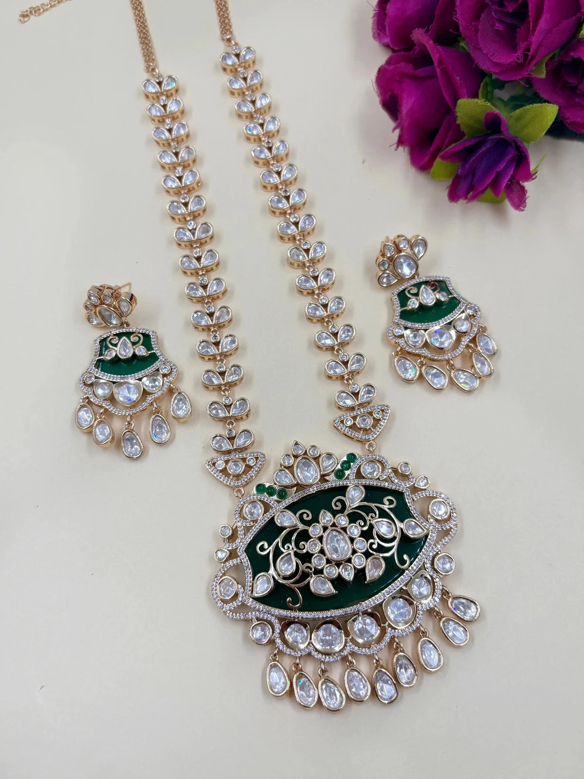 Ananta Beautiful Green Long Polki Pendant Necklace Set For Women